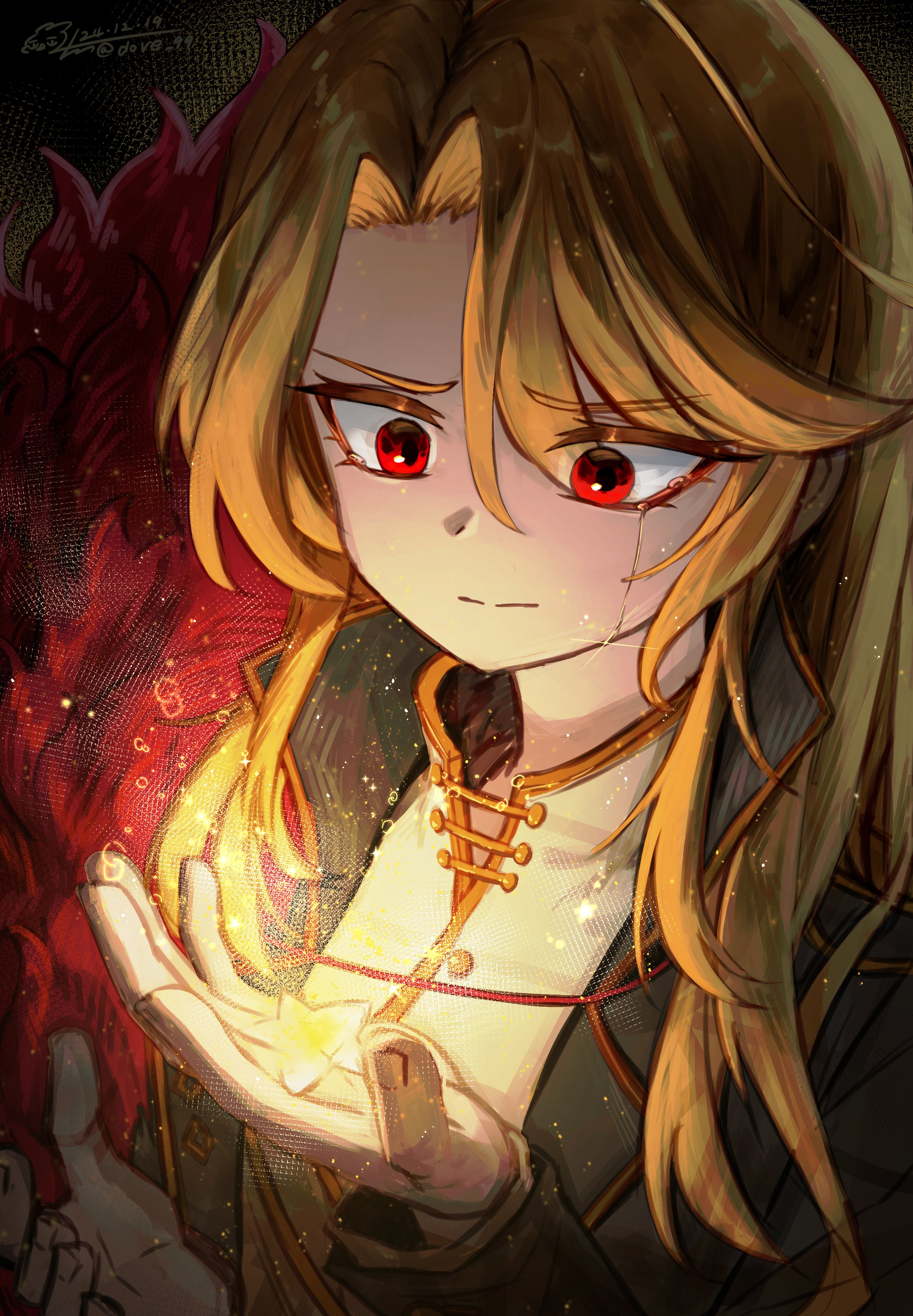 99dulgi, don quixote (project moon), limbus company, project moon, absurdres, commentary request, highres, korean commentary, 1girl, black background, blonde hair, closed mouth, crying, dated, furrowed brow, gloves, la manchaland (identity) (project moon), long hair, red eyes, signature, solo, star (symbol), streaming tears, tears, upper body, white gloves