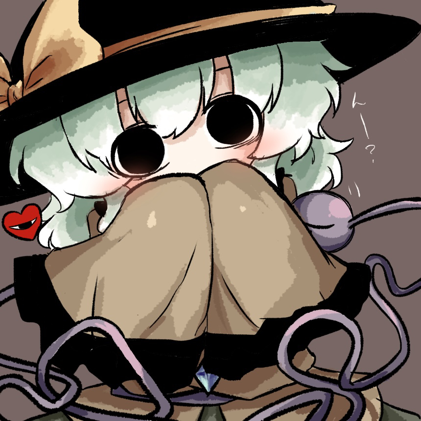 heripantomorrow, komeiji koishi, touhou, commentary request, translation request, 1girl, black eyes, black hat, brown background, contrast collar, covering own mouth, green hair, hair between eyes, hat, hat ribbon, heart, long sleeves, looking at viewer, ribbon, shirt, simple background, solo, third eye, upper body, wide sleeves, yellow ribbon, yellow shirt
