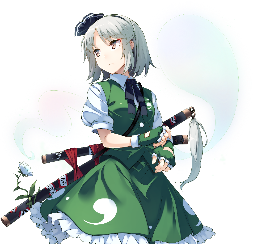eho (icbm), konpaku youmu, konpaku youmu (ghost), touhou, game cg, non-web source, official art, 1girl, black bow, black bowtie, black hairband, bow, bowtie, breasts, collared shirt, fingerless gloves, flower, gloves, green gloves, green skirt, green vest, grey hair, hairband, hitodama, hitodama print, katana, labyrinth of touhou (series), labyrinth of touhou tri, medium hair, multiple swords, puffy short sleeves, puffy sleeves, sheath, sheathed, shirt, short sleeves, skirt, skirt set, small breasts, solo, sword, transparent background, vest, weapon, white flower, white shirt, yellow eyes