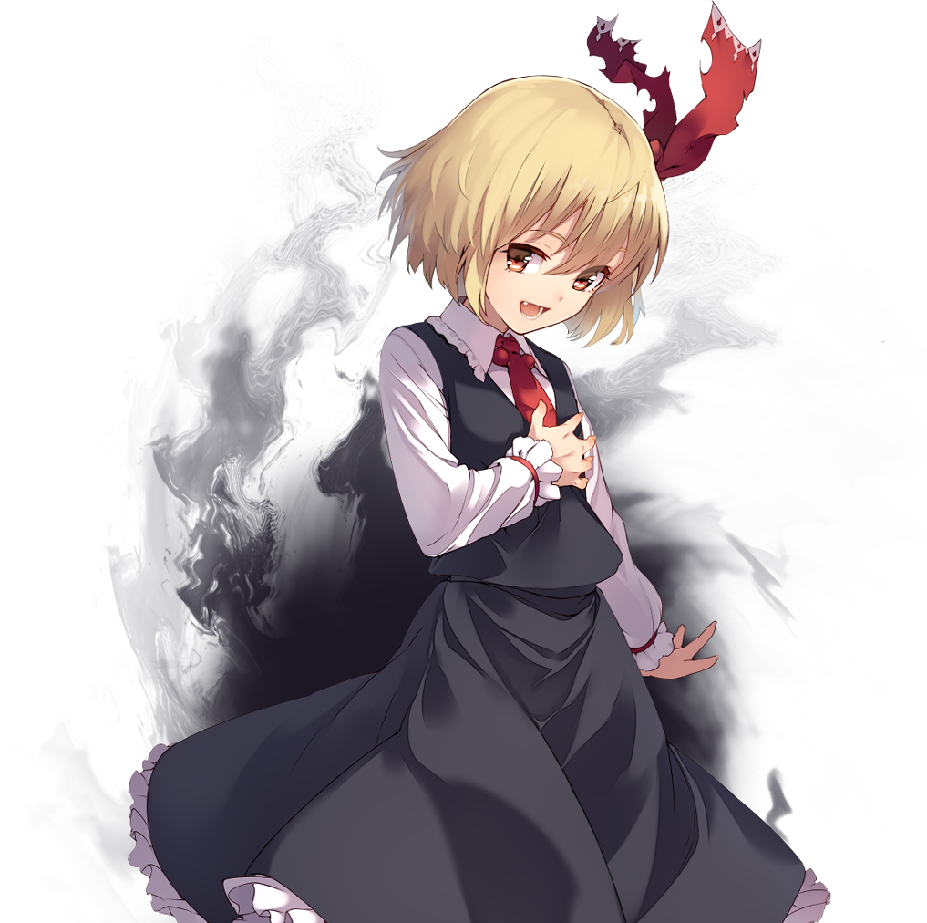 eho (icbm), rumia, touhou, game cg, non-web source, official art, 1girl, ascot, black skirt, black vest, blonde hair, collared shirt, darkness, frilled shirt collar, frills, hair ribbon, labyrinth of touhou (series), labyrinth of touhou tri, long sleeves, open mouth, red ascot, red eyes, red ribbon, ribbon, shirt, skirt, skirt set, smile, solo, torn ribbon, transparent background, umbrakinesis, vest, white shirt