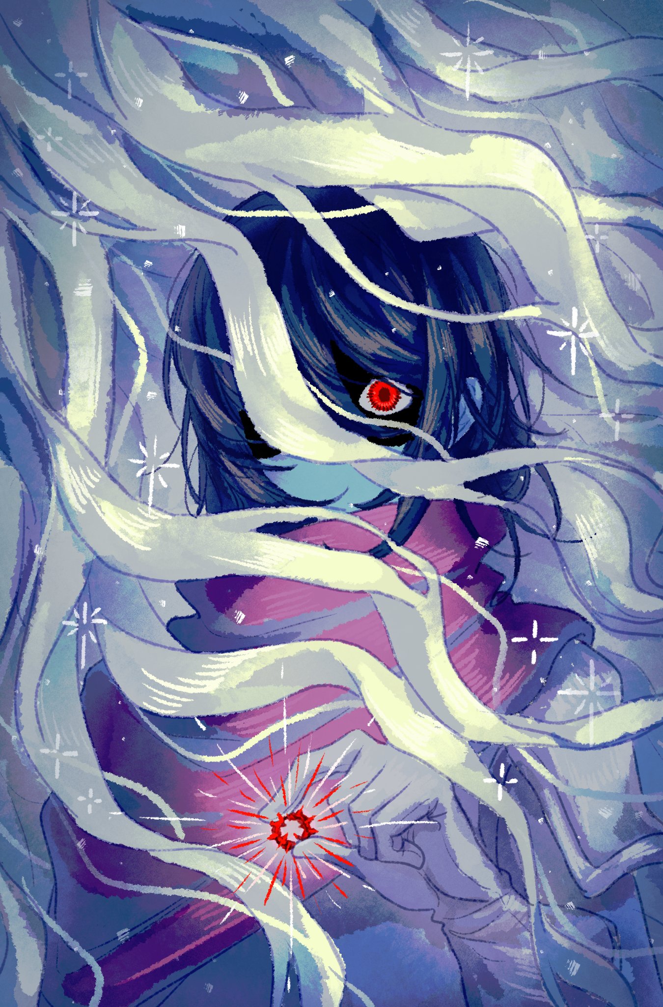 kris (dark world) (deltarune), kris (deltarune), noelle holiday, noelle holiday (dark world), deltarune, utdr (toby fox), chinese commentary, commentary, highres, 1other, armor, black hair, blonde hair, blue skin, cape, colored skin, holding, holding jewelry, holding ring, jewelry, ondine2002, one eye covered, partially shaded face, pink cape, red eyes, ring, thorn ring (deltarune), weird route (deltarune), wide-eyed