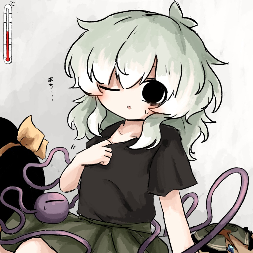 heripantomorrow, komeiji koishi, touhou, commentary request, translation request, 1girl, black eyes, black hat, black shirt, collarbone, green hair, green skirt, hair between eyes, hat, hat ribbon, long hair, looking at viewer, one eye closed, ribbon, shirt, sitting, skirt, solo, sweatdrop, unworn hat, unworn headwear, yellow ribbon