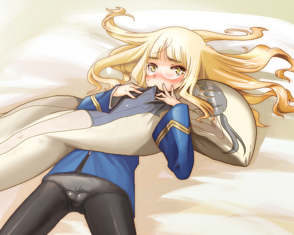 mozu (peth), perrine h. clostermann, sakamoto mio, strike witches, world witches series, uniform, 1girl, black hair, blonde hair, blush, cameltoe, dakimakura (object), eyepatch, fat mons, female focus, glasses, long hair, lying, mouth hold, one-piece swimsuit, panties, panties under pantyhose, pantyhose, pillow, ponytail, school swimsuit, solo, swimsuit, underwear, yellow eyes