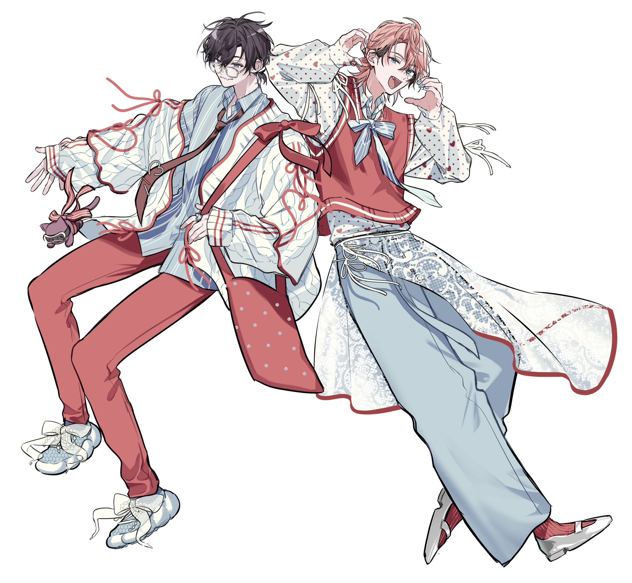 akagi wen, saiki ittetsu, nijisanji, heart ring, commentary, highres, 2boys, alternate costume, black hair, blue pants, blue shirt, bow, brown necktie, cardigan, cpupupupu, hair between eyes, hands up, heart, heart hands, jewelry, long sleeves, male focus, multiple boys, necktie, open cardigan, open clothes, outstretched arm, pants, pink hair, polka dot, polka dot shirt, ponytail, red pants, red sweater vest, ring, shirt, short hair, short ponytail, simple background, sleeves past wrists, sweater vest, virtual youtuber, white background, white bow, white cardigan, white shirt