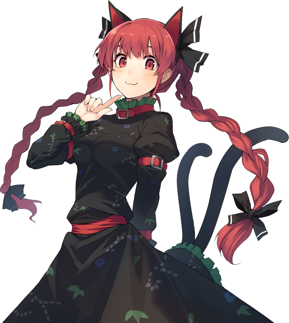 eho (icbm), kaenbyou rin, touhou, game cg, non-web source, official art, 1girl, :3, animal collar, animal ears, arm behind back, arm belt, black bow, black dress, bow, braid, breasts, cat ears, cat tail, closed mouth, collar, dress, extra ears, frilled dress, frills, hair bow, juliet sleeves, labyrinth of touhou (series), labyrinth of touhou tri, long hair, long sleeves, looking at viewer, medium breasts, multiple hair bows, multiple tails, nekomata, pointing, pointing at self, puffy sleeves, red collar, red hair, smile, solo, tail, transparent background, twin braids, two tails