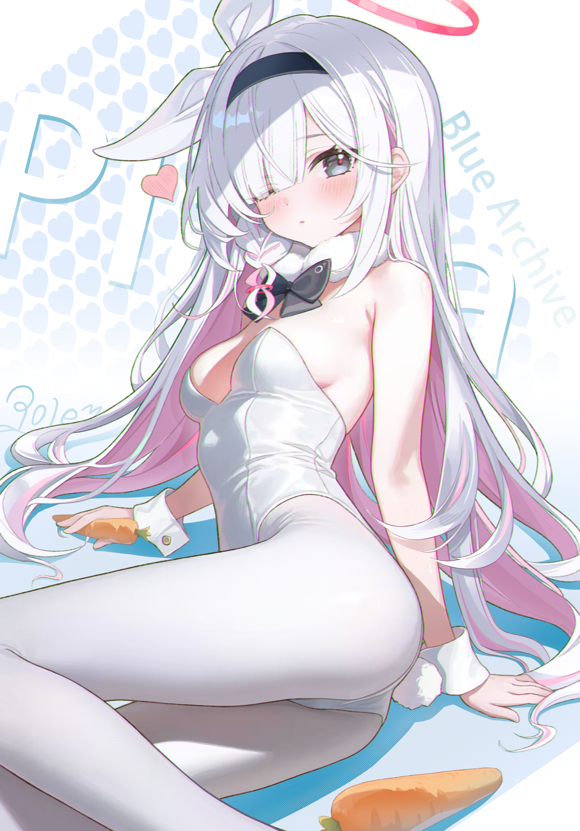 polecat (pixiv 31682054), plana (blue archive), blue archive, absurdres, commentary, highres, revision, 1girl, alternate costume, ass, black bow, black bowtie, black hairband, blush, bow, bowtie, breasts, carrot, character name, closed mouth, colored inner hair, copyright name, detached collar, fake tail, feet out of frame, grey eyes, grey hair, hair over one eye, hair ribbon, hair spread out, hairband, halo, heart, holding, holding carrot, leotard, long hair, looking at viewer, lying, multicolored hair, on side, pantyhose, pink hair, playboy bunny, rabbit tail, red halo, red pupils, ribbon, sidelocks, small breasts, strapless, strapless leotard, tail, thighs, very long hair, white hair, white leotard, white pantyhose, white ribbon, white wrist cuffs, wrist cuffs