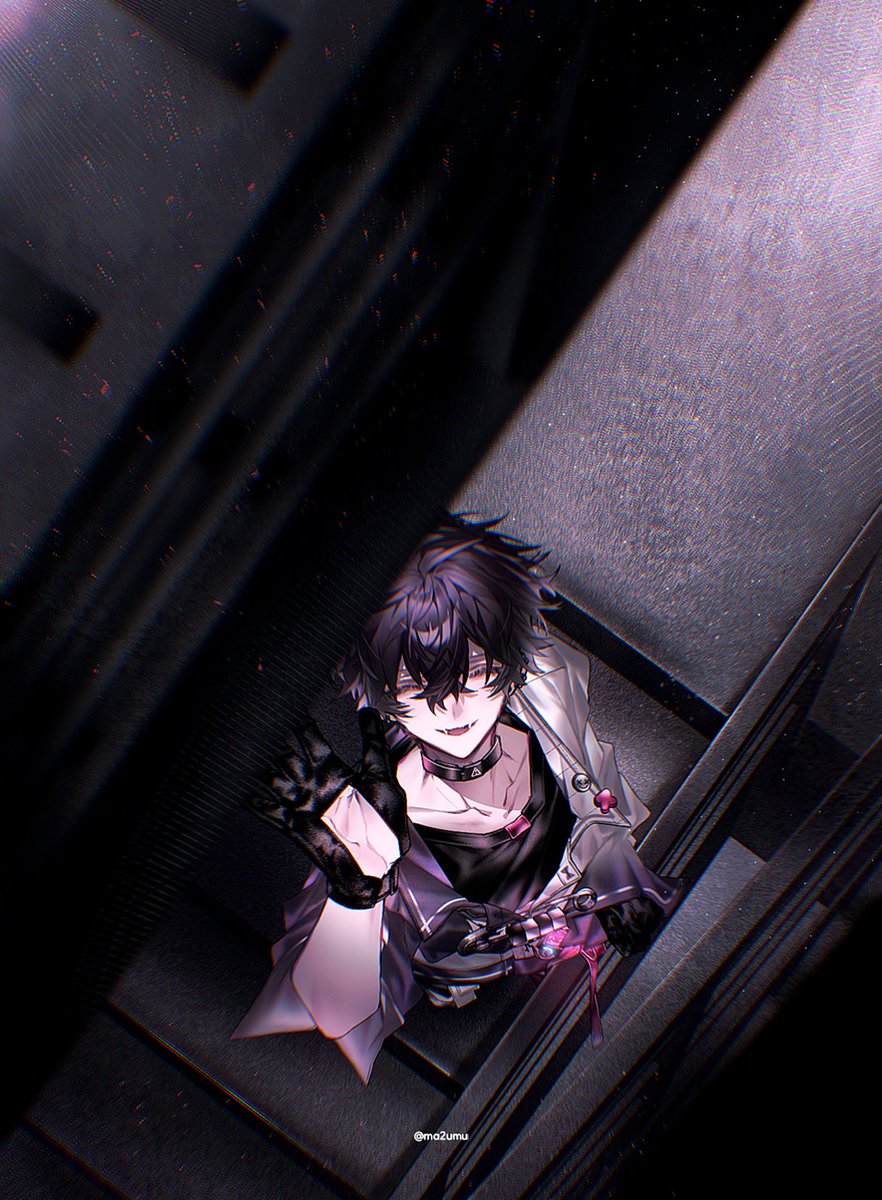 ma2uwa, saiki ittetsu, saiki ittetsu (1st costume), nijisanji, highres, 1boy, arm up, black choker, black gloves, black hair, black shirt, choker, closed eyes, facing viewer, from above, gloves, hair between eyes, jacket, male focus, multicolored jacket, open mouth, shirt, short hair, smile, solo, virtual youtuber