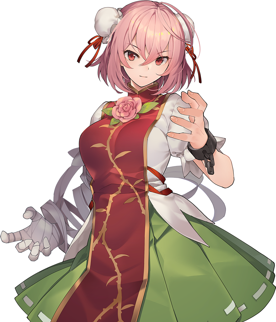 eho (icbm), ibaraki kasen, touhou, game cg, non-web source, official art, 1girl, arm belt, bandaged arm, bandages, breasts, bun cover, chain, closed mouth, cuffs, double bun, flower, green skirt, hair bun, labyrinth of touhou (series), labyrinth of touhou tri, large breasts, looking at viewer, pink flower, pink hair, pink rose, puffy short sleeves, puffy sleeves, red tabard, rose, shackles, shirt, short sleeves, skirt, solo, tabard, transparent background, white shirt