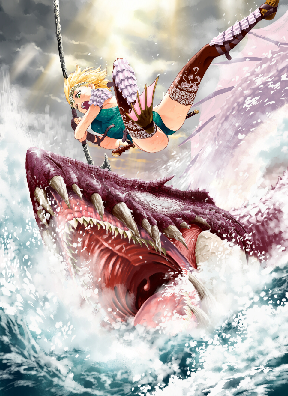 bungo, yamashita bungo, original, highres, 1girl, blonde hair, blue eyes, epic, female focus, legs, monster, monster girl, ocean, open mouth, polearm, solo, spear, uvula, waves, weapon