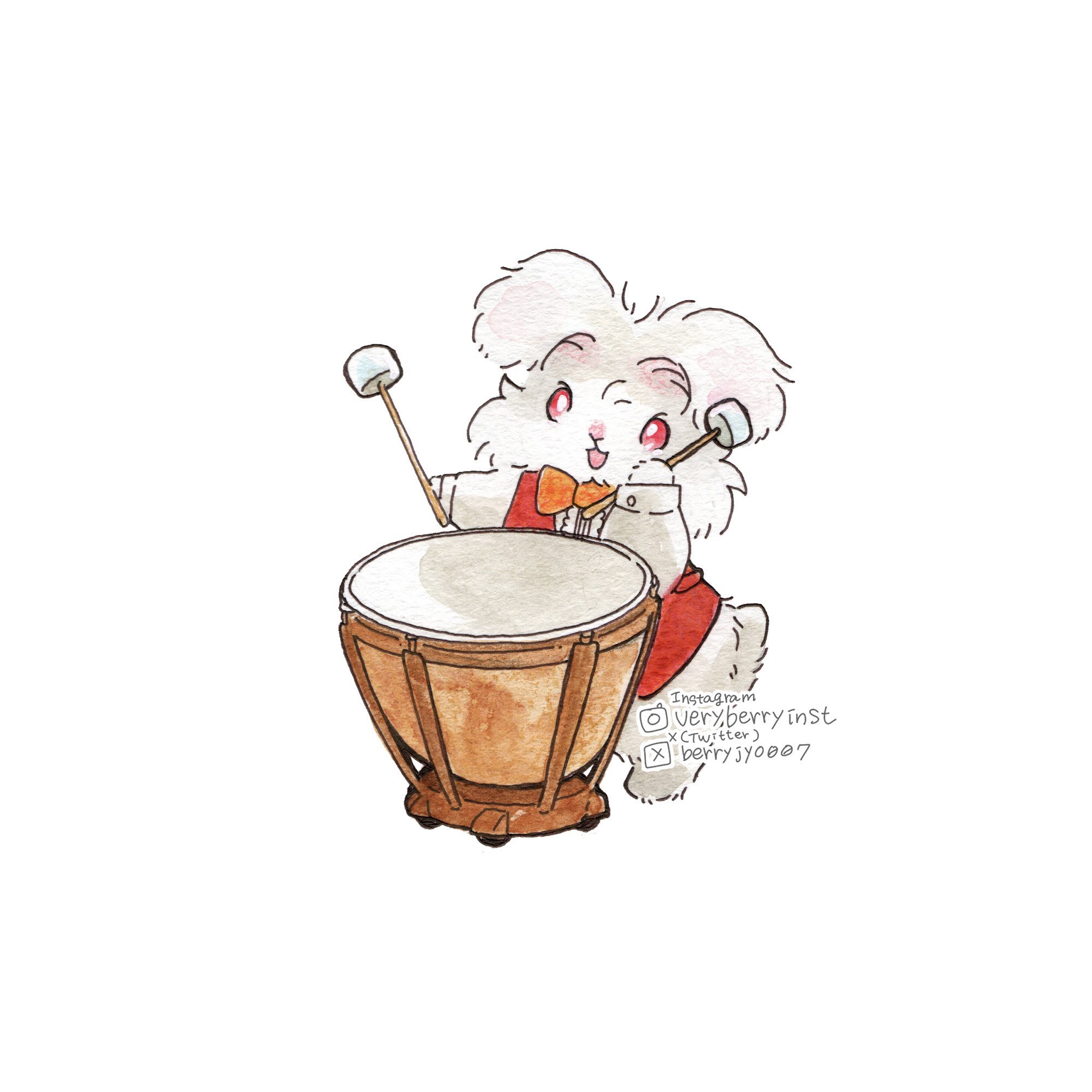 berry jou, original, commentary request, highres, animal, animal focus, bow, bowtie, drum, instagram username, instrument, mallet (instrument), no humans, orange bow, orange bowtie, rabbit, red vest, simple background, timpani, twitter username, vest, white background, white rabbit (animal)