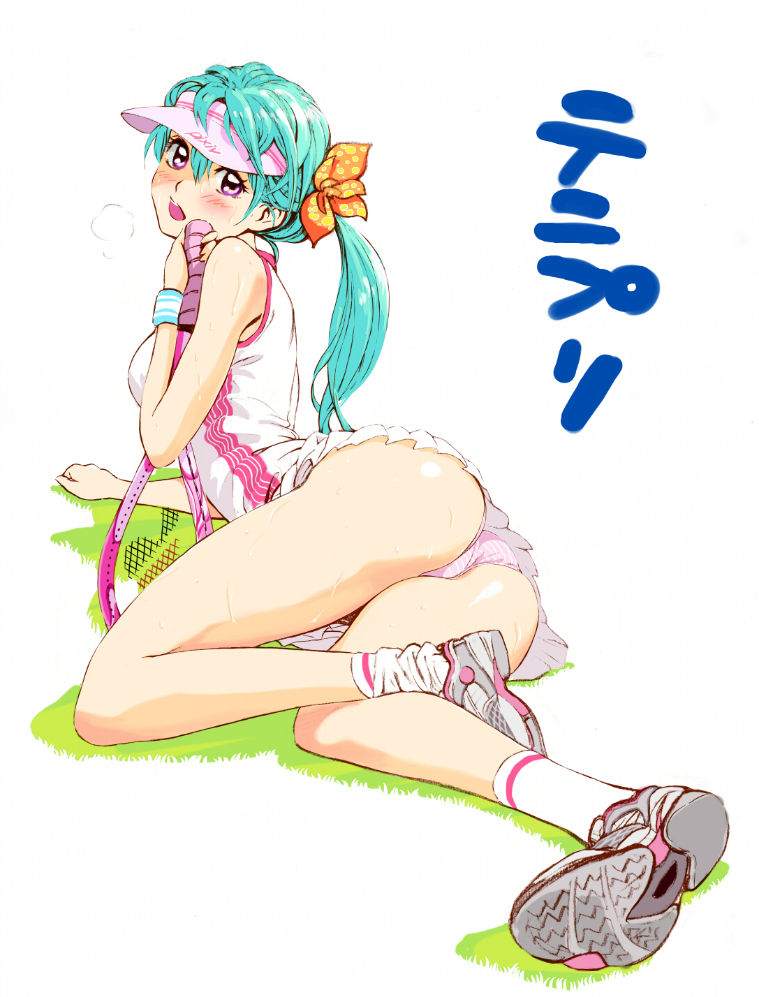 bungo, yamashita bungo, original, highres, 1girl, aqua hair, ass, bare shoulders, blue hair, blush, clothes writing, female focus, full body, grass, green hair, heavy breathing, legs, long legs, lying, on side, panties, pantyshot, purple eyes, racket, shoes, simple background, sneakers, solo, sportswear, striped clothes, striped panties, sweat, tennis, tennis racket, tennis uniform, thighs, underwear, upskirt, visor cap