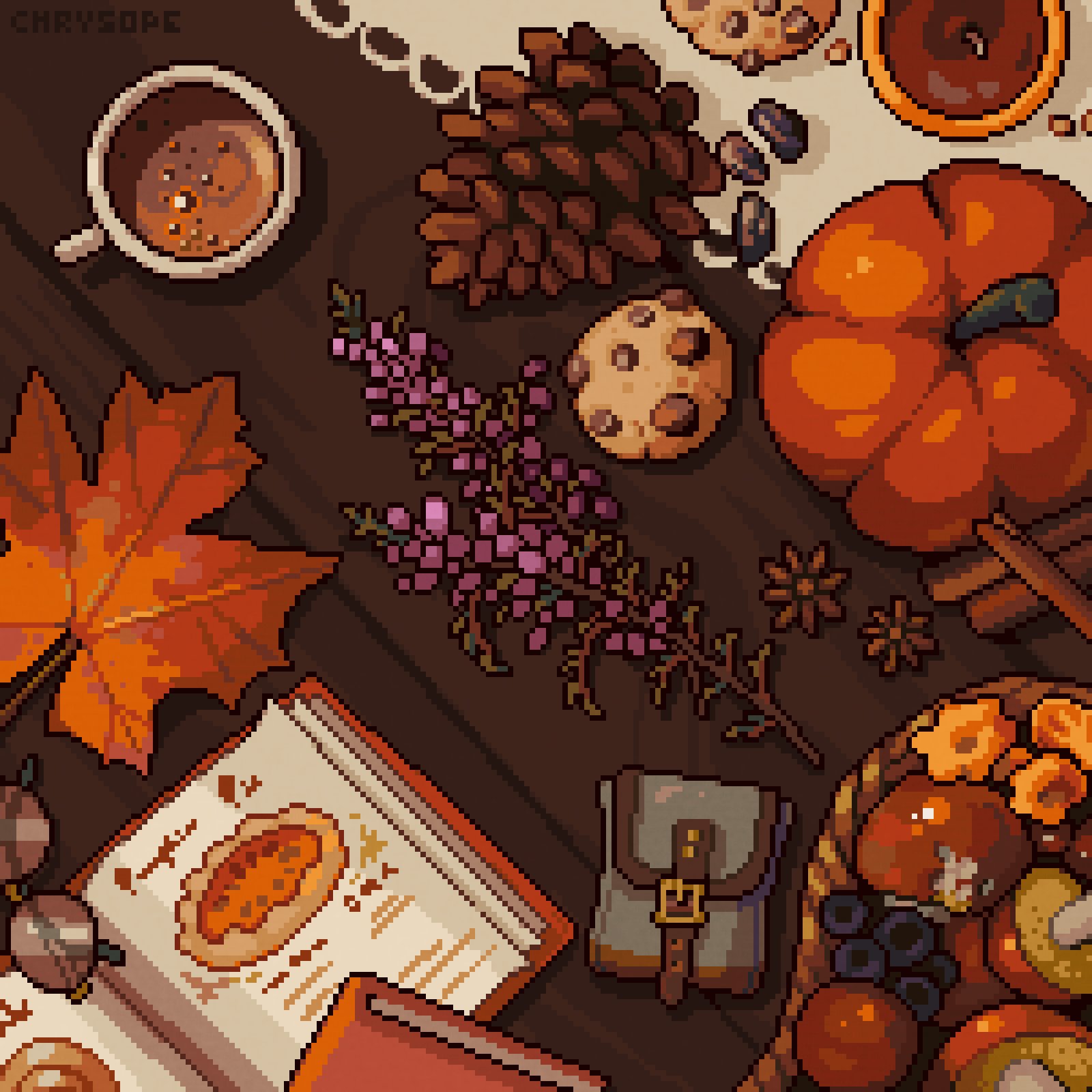 chrysope, original, commentary, english commentary, highres, book, branch, cookie, cup, food, hot chocolate, leaf, maple leaf, mug, no humans, open book, pinecone, pixel art, pumpkin, still life, sunglasses