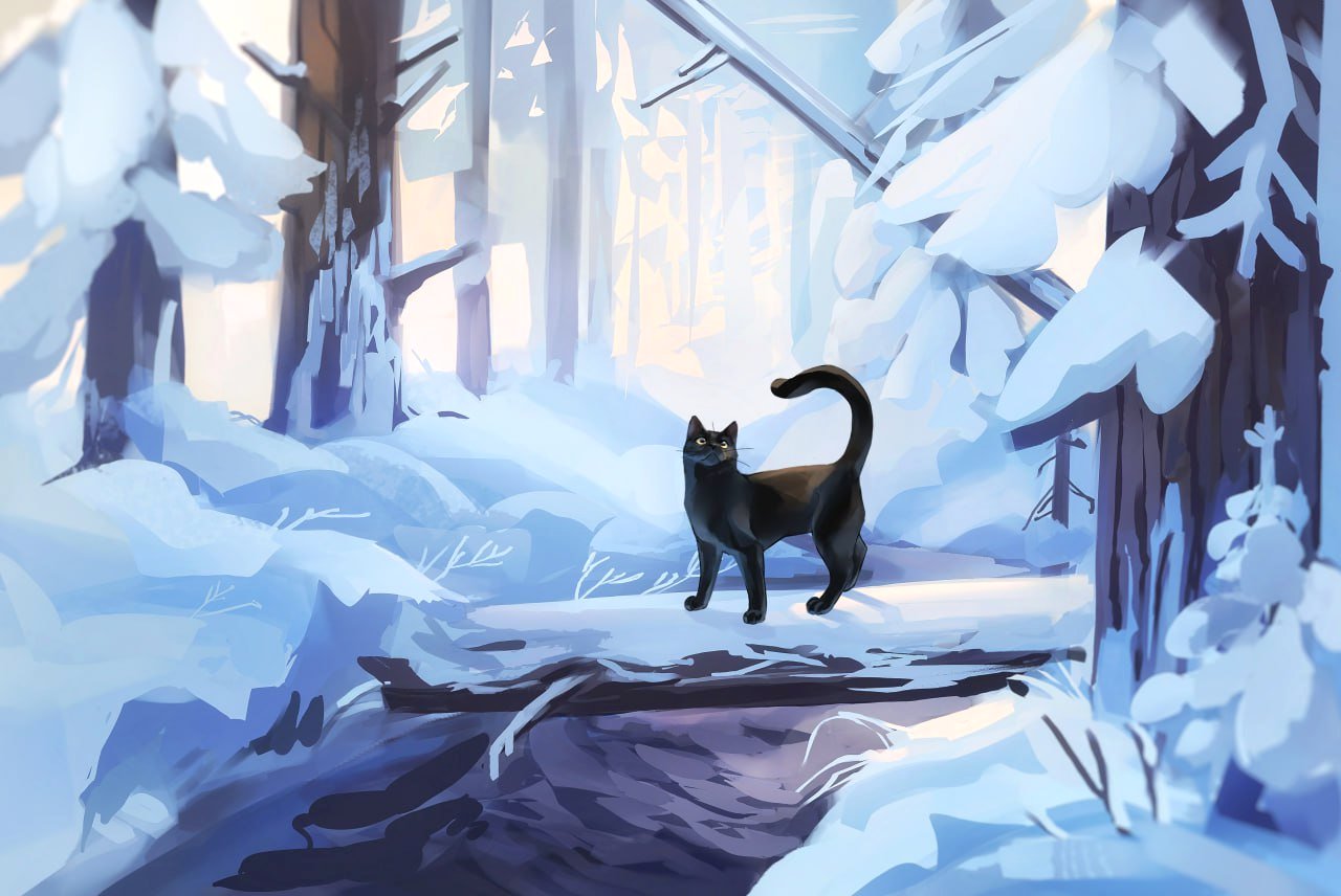 original, commentary, english commentary, animal, animal focus, black cat, bwspace69, cat, log, no humans, outdoors, snow, tree, winter