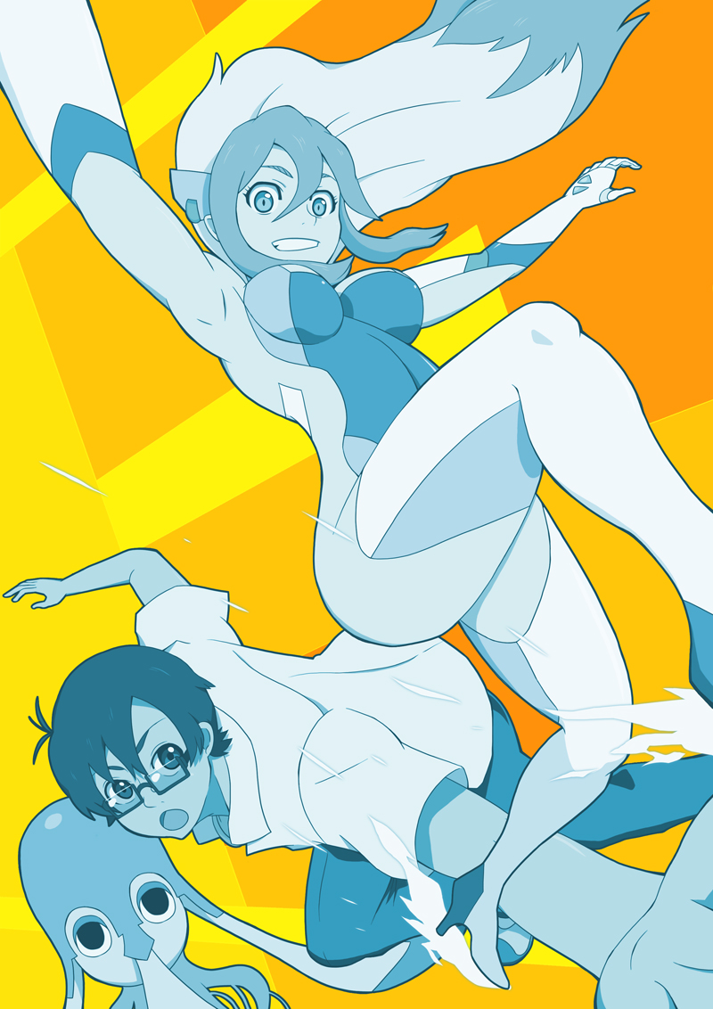 biginaa, birdy cephon altera, senkawa tsutomu, tetsuwan birdy, tetsuwan birdy decode, bad id, bad pixiv id, 00s, 1boy, 1girl, blue theme, glasses, monochrome, orange background, skin tight, yellow background