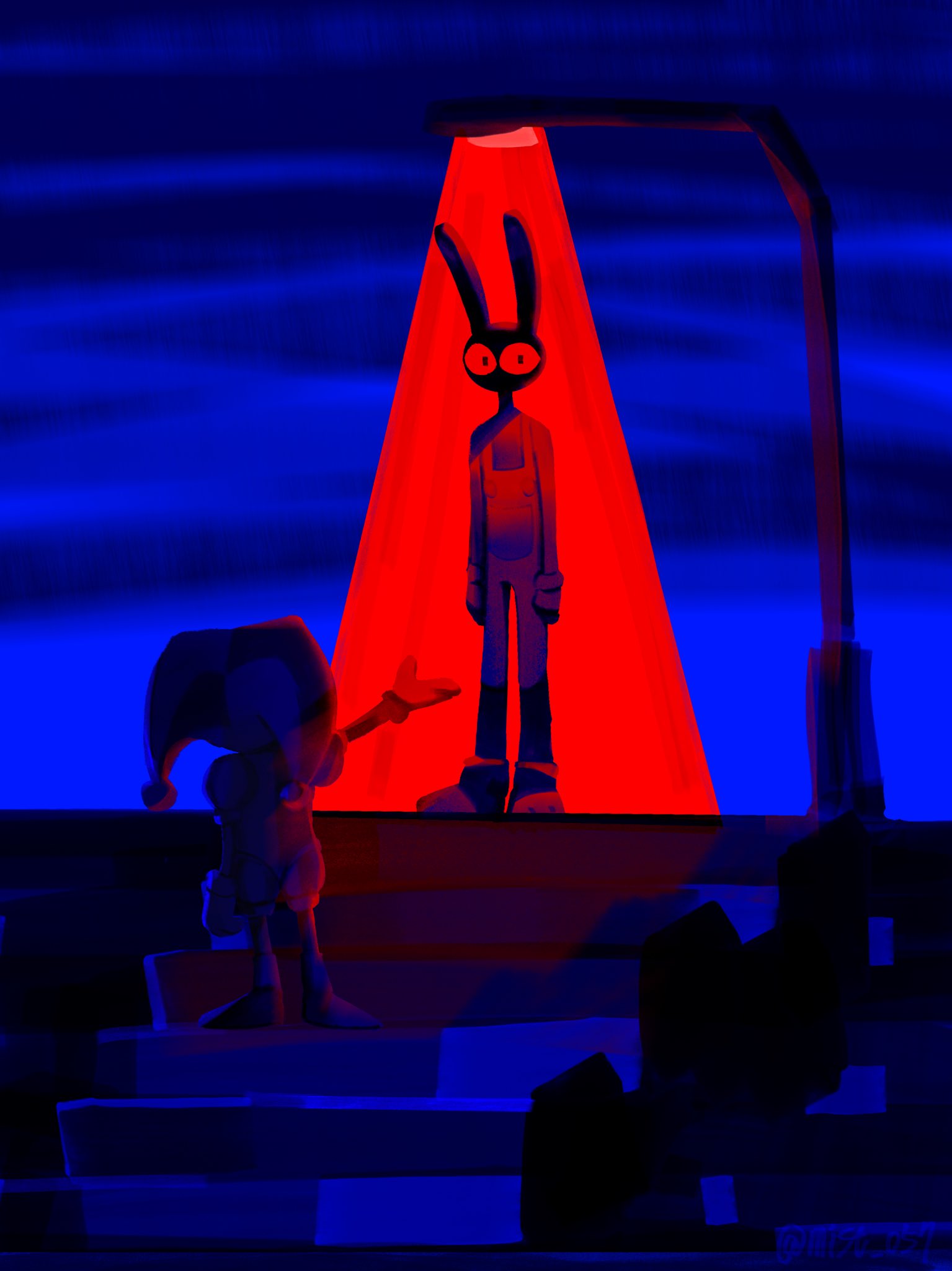 jax (the amazing digital circus), pomni (the amazing digital circus), the amazing digital circus, commentary, english commentary, highres, 1boy, 1girl, animal ears, blue background, from behind, full body, hat, jester cap, jester costume, lamppost, limited palette, looking at viewer, mist 057, rabbit boy, rabbit ears, reaching, reaching towards another, red light, stairs, standing, suspenders