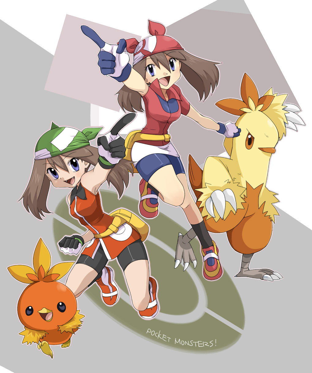 ageha, combusken, may (pokemon), may (pokemon emerald), torchic, nintendo, pokemon, pokemon adventures, pokemon rse, highres, 00s, 2girls, alternate costume, bandana, bike shorts, brown hair, copyright name, dual persona, fangs, gen 3 pokemon, gloves, hat, latex, multiple girls, multiple persona, pointing, pokemon (creature)