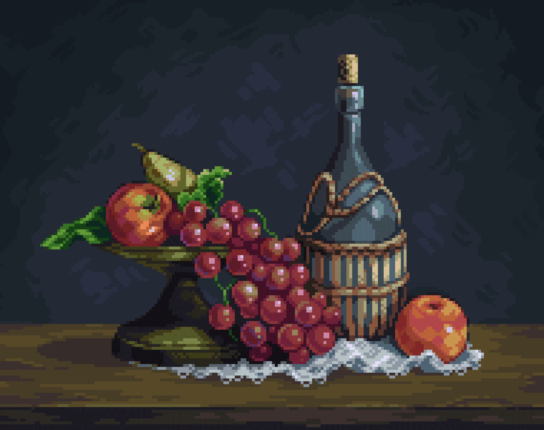 scilex, original, commentary, english commentary, highres, alcohol, apple, bottle, food, fruit, fruit focus, grapes, no humans, pixel art, still life, table, wine, wine bottle