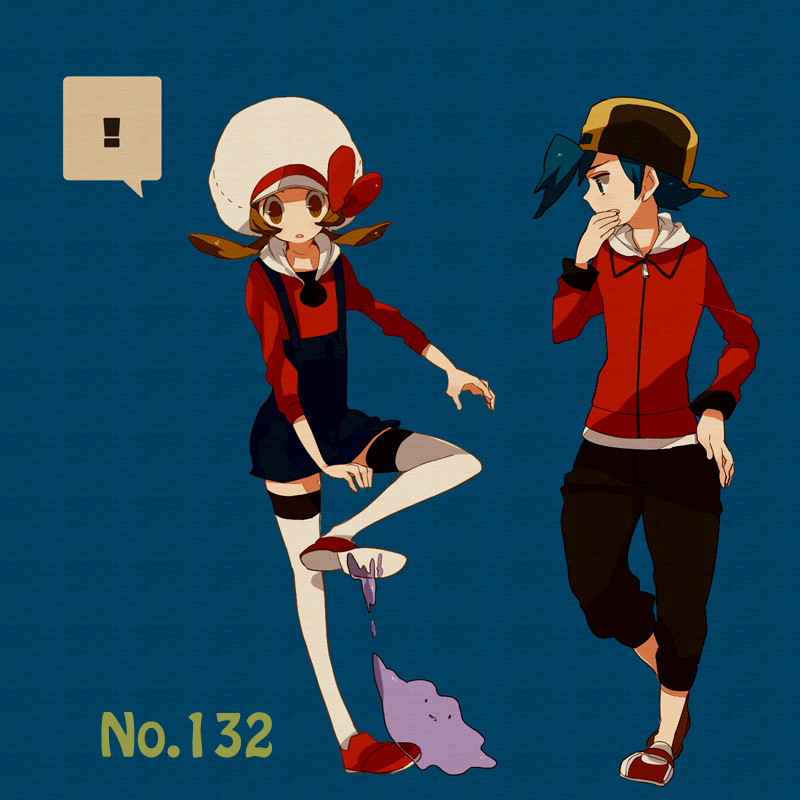 hagiko, ditto, ethan (pokemon), lyra (pokemon), nintendo, pokemon, pokemon hgss, bad id, bad pixiv id, !, 00s, 1boy, 1girl, alternate costume, gen 1 pokemon, hat, hat ribbon, newsboy cap, overalls, pokedex number, pokemon (creature), red ribbon, ribbon, thighhighs, twintails, white thighhighs