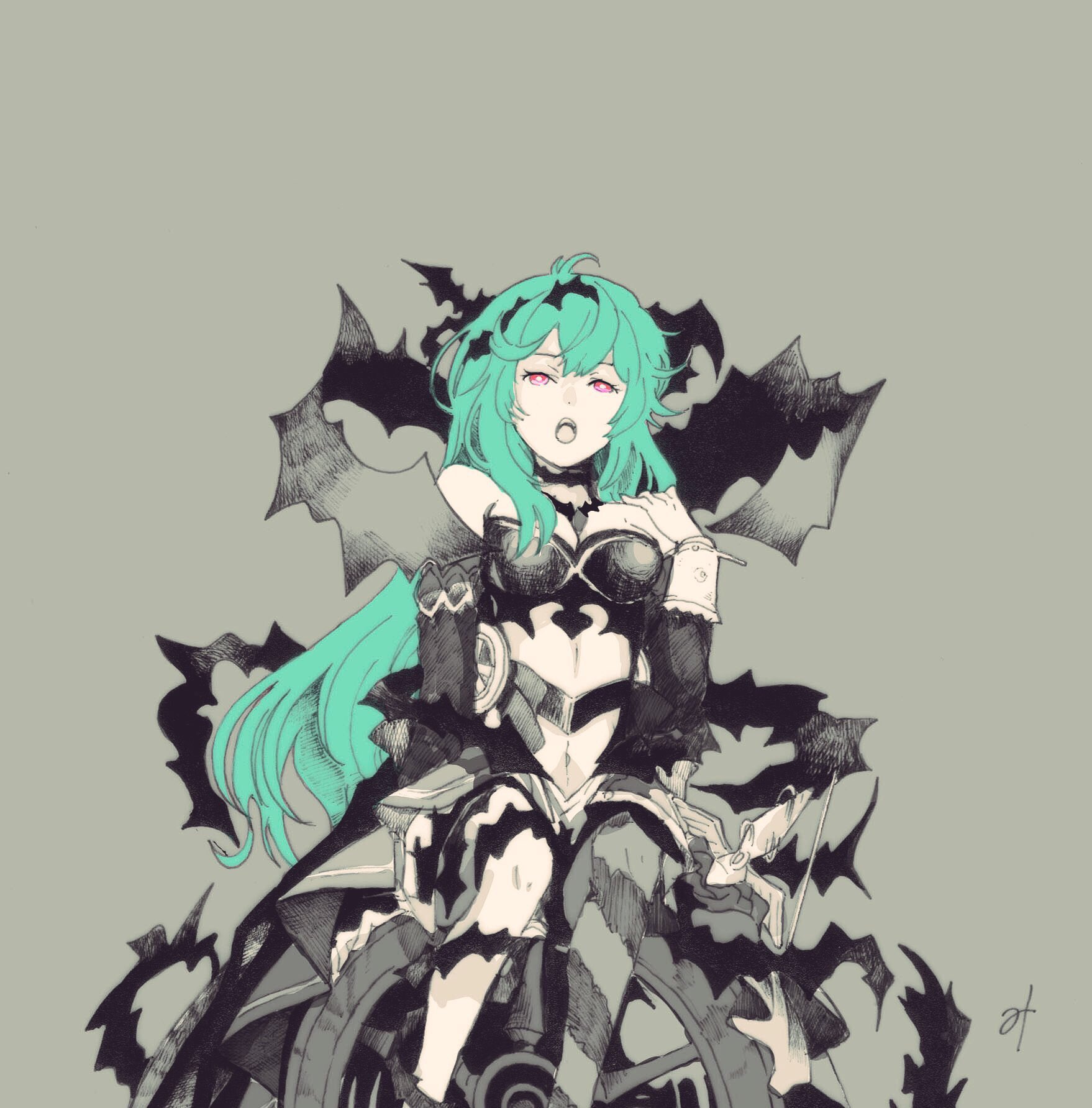 misoshiru umai4, chaos aurora (grimms notes), grimms notes, bad id, bad pixiv id, highres, 1girl, aqua hair, bare shoulders, breasts, bright pupils, cannon, detached sleeves, diagonal-striped thighhighs, grey background, hair between eyes, hand up, itomaki no madou taihou (grimms notes), long hair, navel, open mouth, partially colored, pink eyes, signature, simple background, single thighhigh, sitting, solo, teeth, thighhighs, thorns, upper teeth only, white pupils