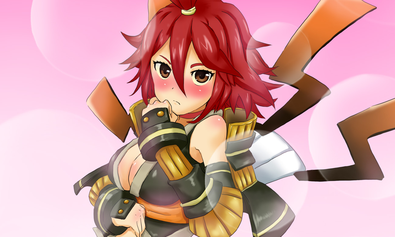 ka-9, alkaid (.hack//), .hack//, .hack//g.u., .hack//link, bandai, cyber connect 2, 00s, 1girl, armor, blush, body blush, breasts, brown eyes, cleavage, female focus, gauntlets, gradient background, red hair, short hair, solo