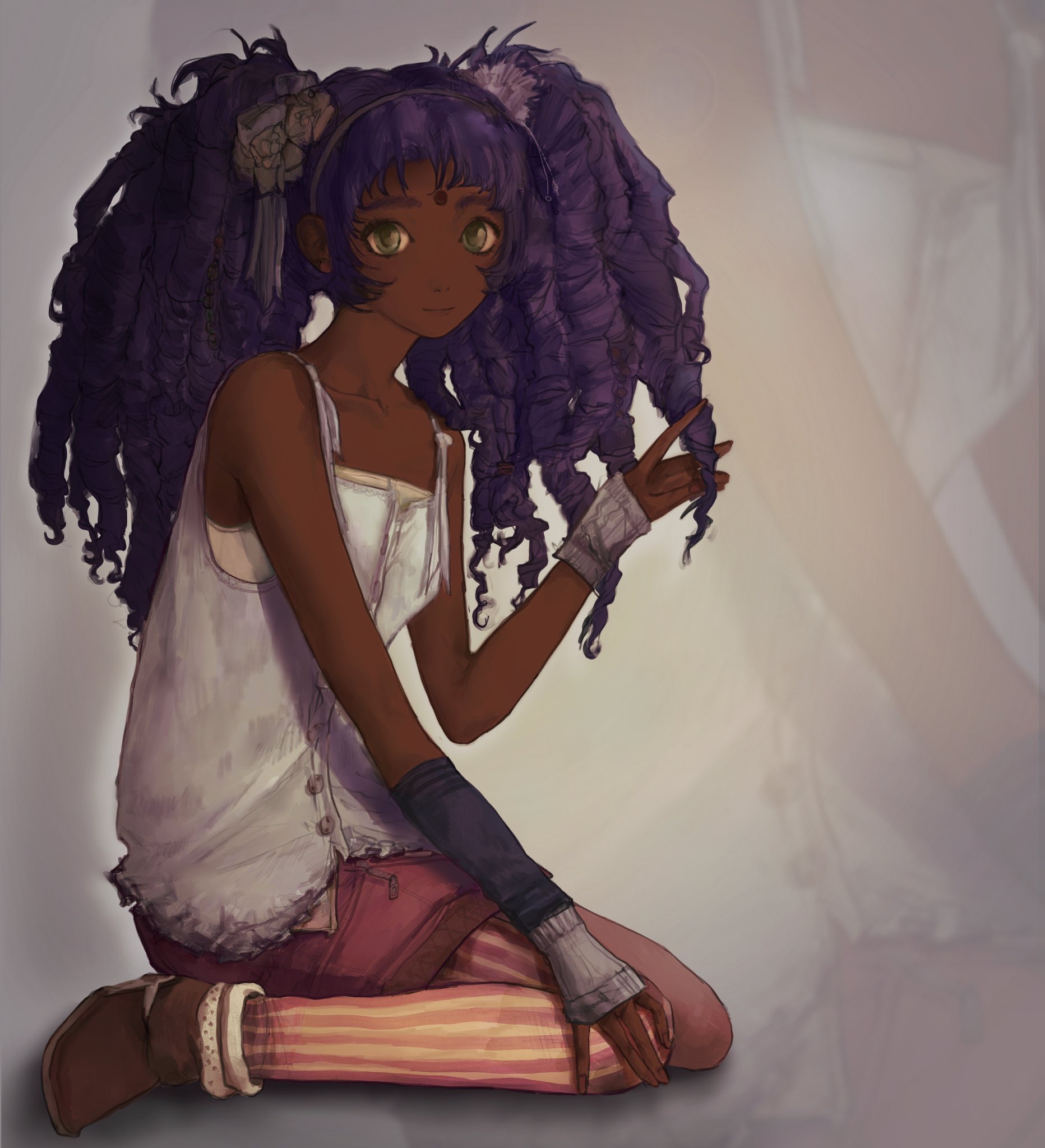 himemiya anthy, shoujo kakumei utena, commentary, highres, 1girl, alternate costume, arm warmers, bindi, boots, brown boots, dark-skinned female, dark skin, green eyes, grey hairband, hairband, legacyquasar618, long hair, pantyhose, pink skirt, ringlets, single leg pantyhose, sitting, skirt, striped clothes, striped pantyhose, tank top, twintails, vertical-striped clothes, vertical-striped pantyhose, wariza, white tank top, zoom layer