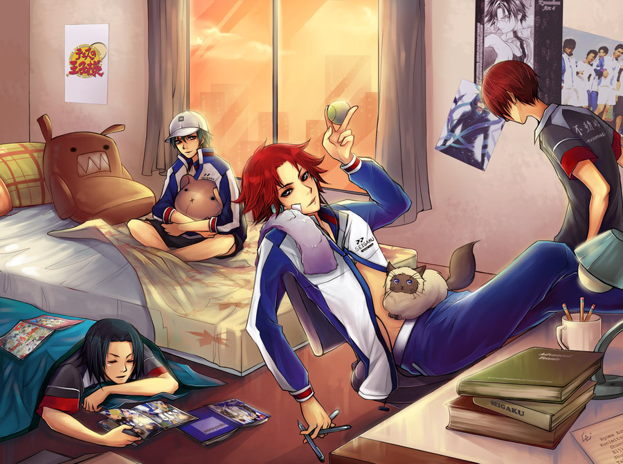 unodu, echizen ryooma, ibu shinji, kamio akira, kikumaru eiji, tezuka kunimitsu, tennis no ouji-sama, 4boys, bandaid, bandaid on face, baseball cap, bed sheet, between fingers, black shirt, black shorts, blanket, blue eyes, blue pants, book, book stack, cat, cityscape, clothes writing, crossed legs, cup, desk lamp, evening, hat, headphones, holding, indian style, indoors, lamp, leaf print, long sleeves, looking at viewer, male focus, manga (object), multiple boys, open book, pants, pencil, pillow, poster (object), raglan sleeves, reading, red hair, room, shirt, short sleeves, shorts, sitting, t-shirt, towel, under covers, whiskers, white hat, zipper