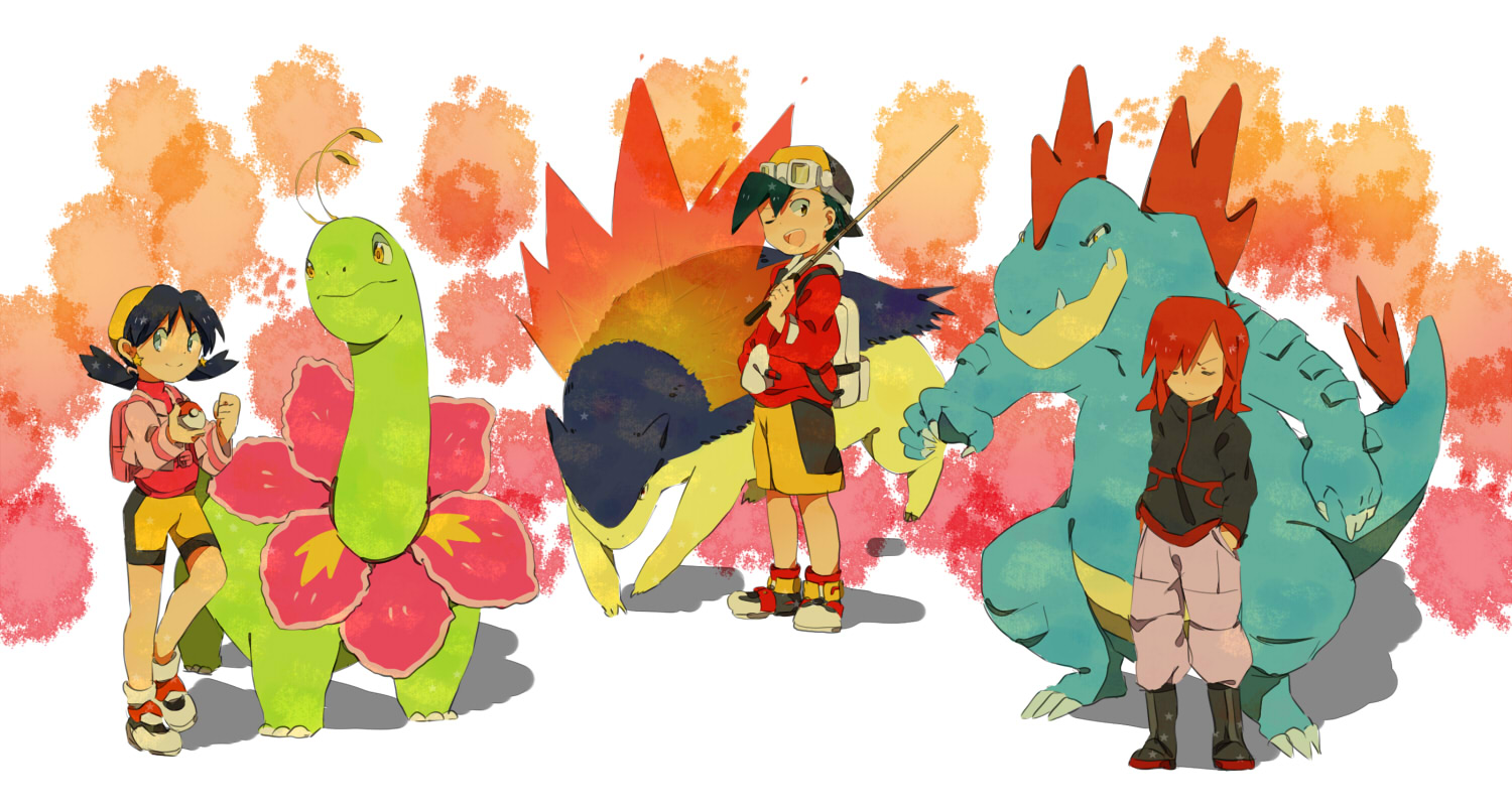 sgwyi, ethan (pokemon), ethan (pokemon) (classic), feraligatr, kris (pokemon), meganium, silver (pokemon), typhlosion, nintendo, pokemon, pokemon adventures, pokemon gsc, 1990s (style), 1girl, 2boys, closed eyes, gen 2 pokemon, hat, holding, holding poke ball, multiple boys, one eye closed, poke ball, pokemon (creature), retro artstyle, shorts, starter pokemon trio, wink