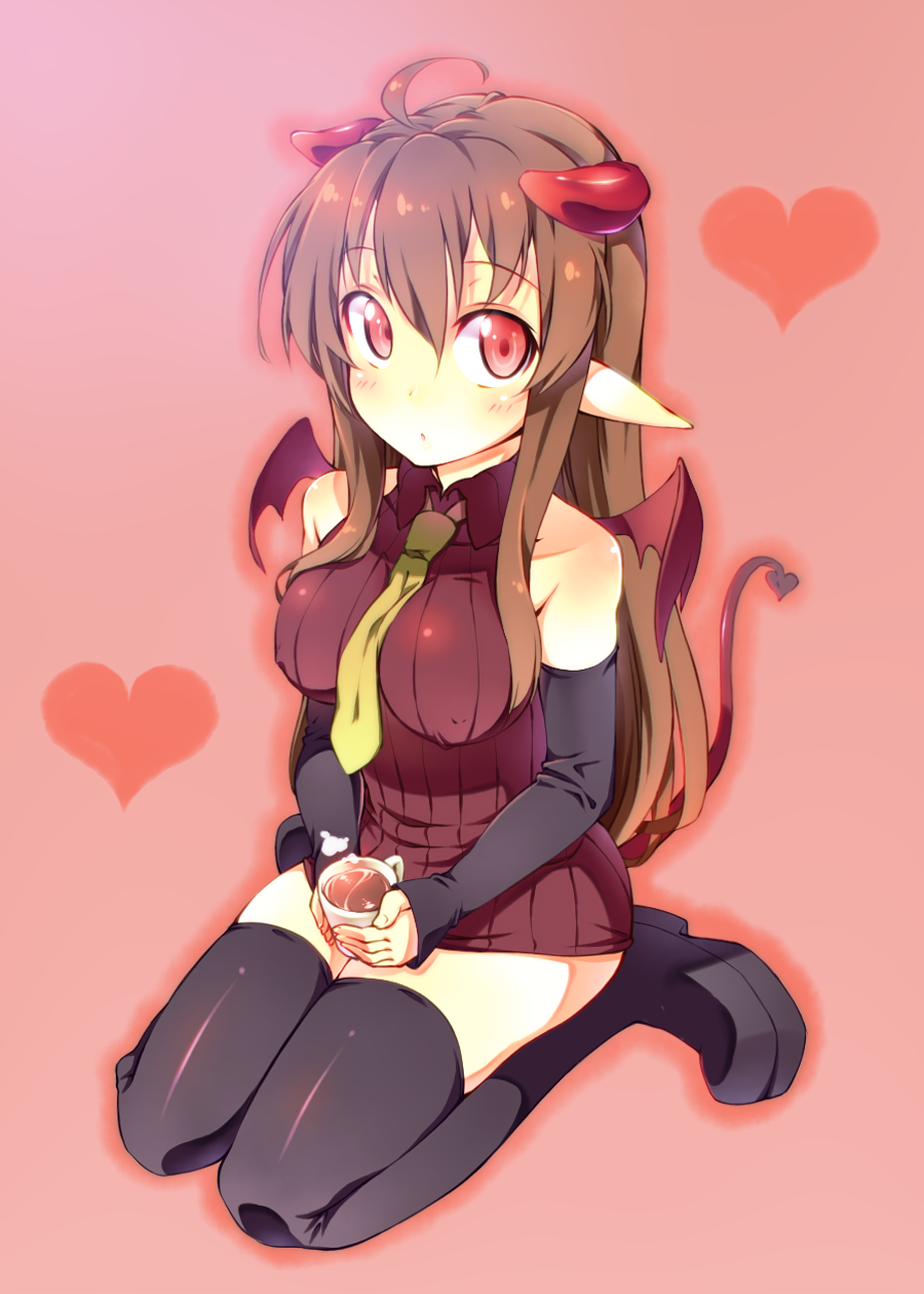 kazuma (kazumav), original, highres, 1girl, ahoge, bare shoulders, boots, brown hair, cup, demon girl, demon tail, demon wings, detached sleeves, female focus, full body, heart, horns, mug, necktie, pointy ears, red eyes, solo, tail, thigh boots, thighhighs, wings