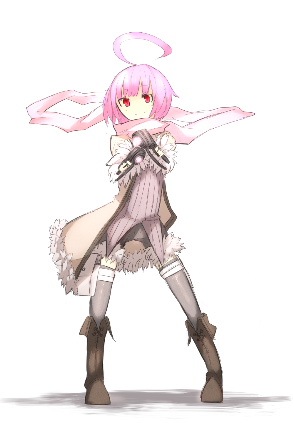 ganesagi, original, bad id, bad pixiv id, highres, 1girl, ahoge, boots, borrowed character, coat, dual wielding, female focus, fur coat, gun, handgun, holding, pink hair, red eyes, scarf, short hair, shorts, simple background, smile, solo, thighhighs, weapon