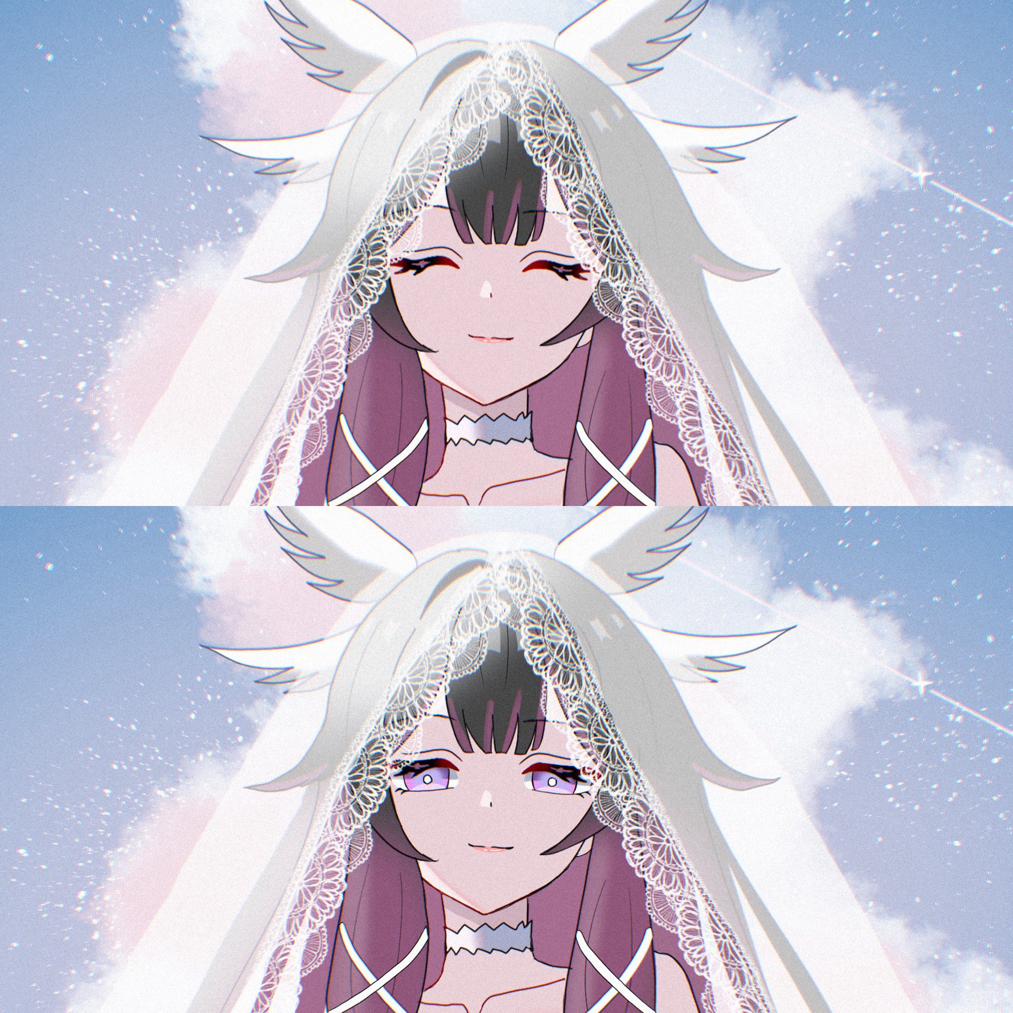 columbina (genshin impact), genshin impact, hashtag-only commentary, highres, 1girl, black hair, blush, long sleeves, looking at viewer, multicolored hair, purple eyes, purple hair, shooting star, solo, star (sky), tsuyu yomi, two-tone hair, upper body, veil, wings