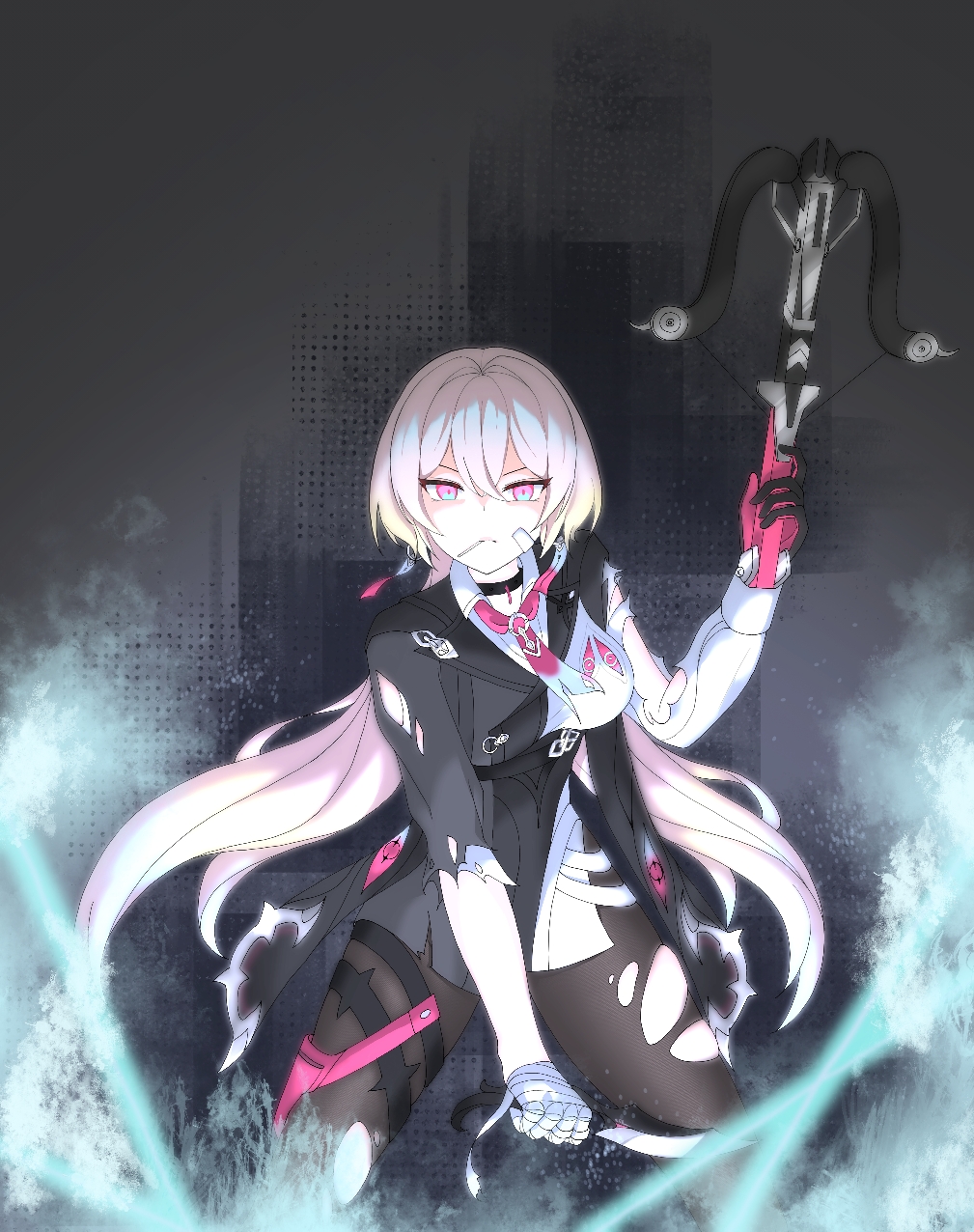 nelelel, lantern (honkai impact), honkai (series), honkai impact 3rd, commentary request, highres, korean commentary, 1girl, bandaged fingers, bandages, bandaid, bandaid on face, bow (weapon), crossbow, holding, holding crossbow, holding weapon, lantern, long hair, looking at viewer, pink hair, weapon