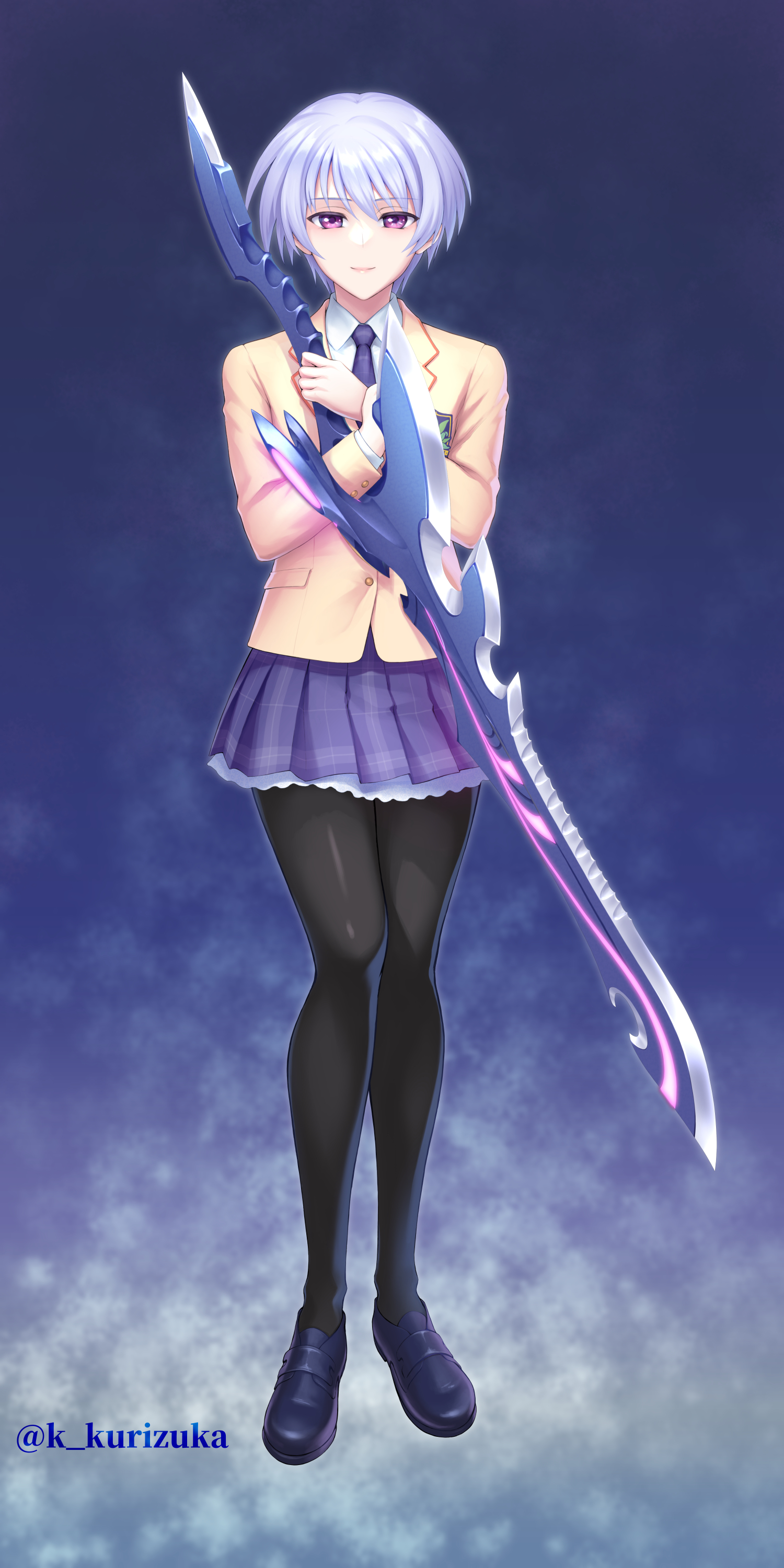 robber-krzk, kishimoto ayase, chaos;head, science adventure, absurdres, commentary request, highres, revision, 1girl, blazer, blue hair, breasts, brown jacket, collared shirt, d-sword, full body, holding, jacket, lapels, long hair, long sleeves, looking at viewer, miniskirt, necktie, notched lapels, pantyhose, plaid clothes, plaid necktie, pleated skirt, purple eyes, red trim, school emblem, school uniform, shirt, shoes, short hair, skirt, small breasts, smile, solo, standing, suimei academy school uniform, twitter username, weapon, white shirt, winter uniform