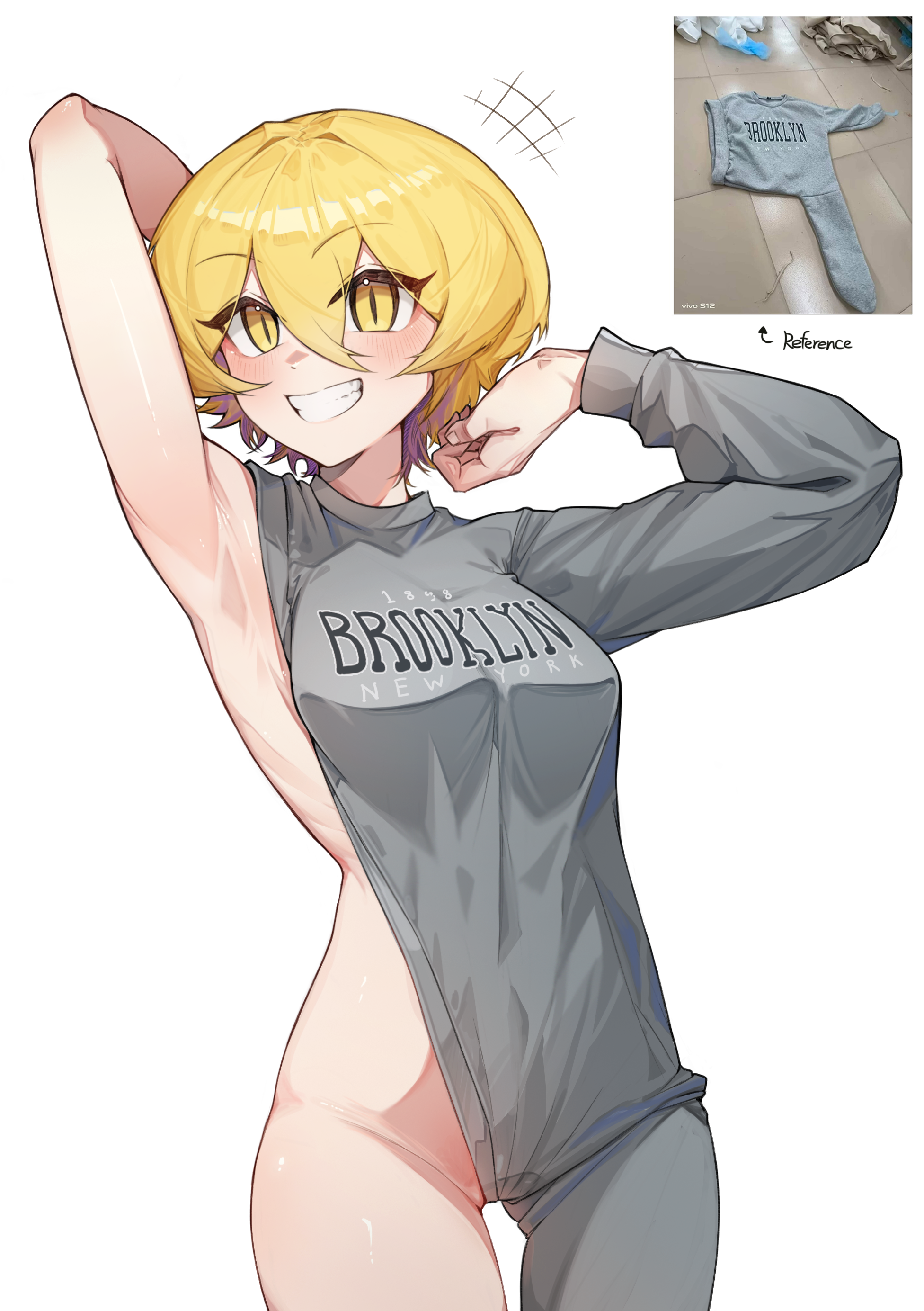 jeehyung seo, don quixote (project moon), limbus company, project moon, absurdres, commentary request, highres, +++, 1girl, armpits, arrow (symbol), blonde hair, breasts, brooklyn sweater (meme), double-parted bangs, english text, eyelashes, grey sweater, hair between eyes, large breasts, photo inset, print sweater, raised eyebrows, reference inset, short hair, simple background, slit pupils, smile, solo, standing, sweater, teeth, white background, yellow eyes