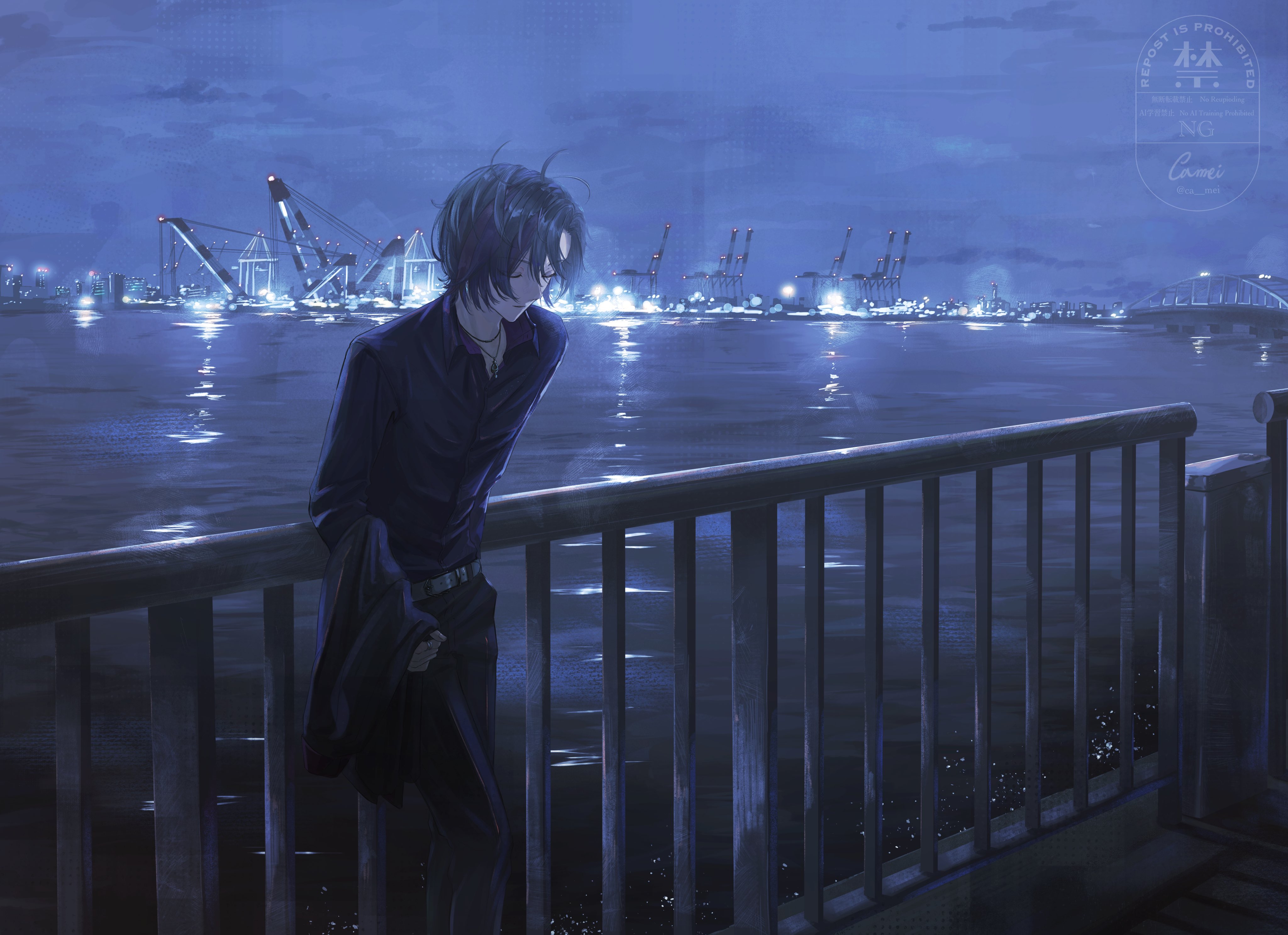 fuwa minato, fuwa minato (2nd costume), nijisanji, absurdres, hashtag-only commentary, highres, 1boy, against railing, belt, black jacket, black pants, black shirt, blue sky, ca mei, city lights, cityscape, closed eyes, crane (machine), grey belt, grey hair, hair between eyes, holding, holding jacket, holding unworn clothes, jacket, jewelry, long sleeves, male focus, necklace, night, outdoors, pants, parted bangs, parted lips, pendant, railing, reflection, reflective liquid, shirt, short hair, sky, skyline, solo, unworn jacket, virtual youtuber, water