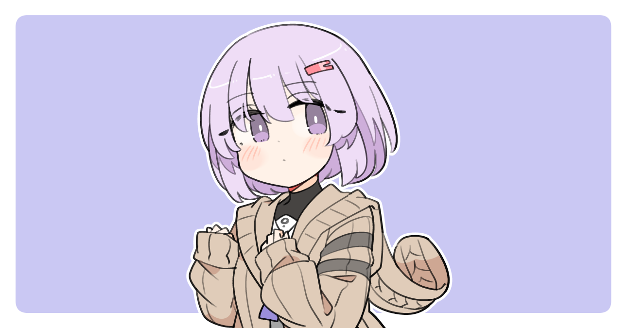 ini (inunabe00), yuzuki yukari, yuzuki yukari (shizuku), a.i. voice, vocaloid, voiceroid, 1girl, blue background, blush, border, bright pupils, brown sweater, closed mouth, dot mouth, dot nose, hair between eyes, hands up, long sleeves, looking at viewer, outline, outside border, purple eyes, purple hair, short hair, simple background, solo, sweater, upper body, white border, white outline, white pupils