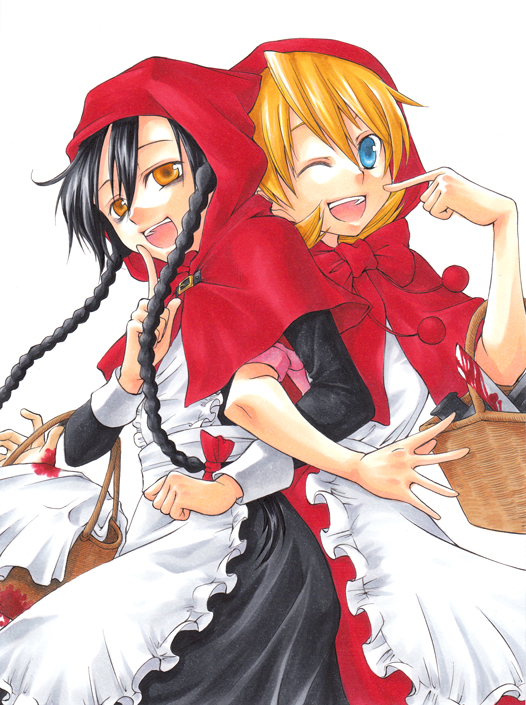 amanosora, akazukin (tokyo akazukin), b.b. hood, little red riding hood (fairy tale character), capcom, darkstalkers, little red riding hood (fairy tale), tokyo akazukin, bad id, bad pixiv id, 2girls, apron, b.b.hood, basket, black dress, blonde hair, blood, blue eyes, braid, brown eyes, crossover, dress, hair ribbon, hood, knife, long hair, multiple girls, one eye closed, petticoat, red dress, ribbon, short hair, weapon, wink