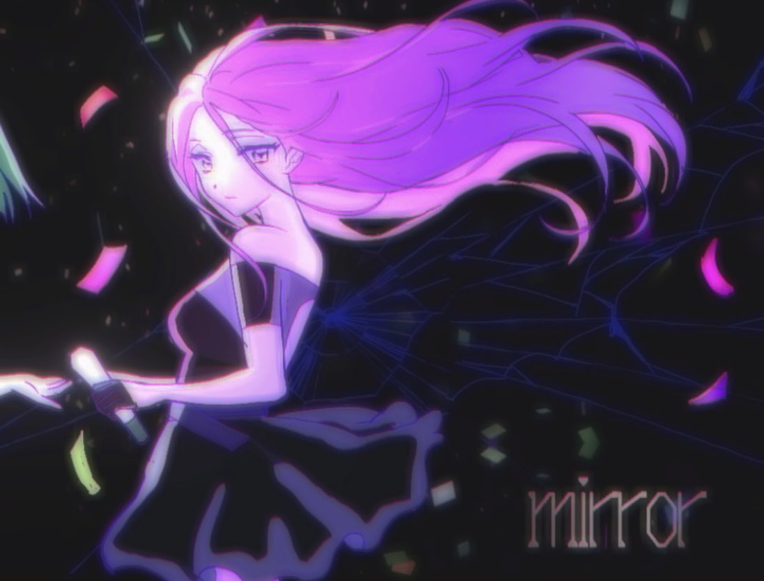 mizi (alien stage), sua (alien stage), alien stage, commentary, english commentary, 2girls, black dress, black gloves, closed mouth, confetti, crack, cracked glass, dress, english text, floating hair, gloves, goby son, green hair, half gloves, holding, holding microphone, looking to the side, microphone, multiple girls, off-shoulder dress, off shoulder, pink hair, short sleeves, solo focus, song name, yellow eyes