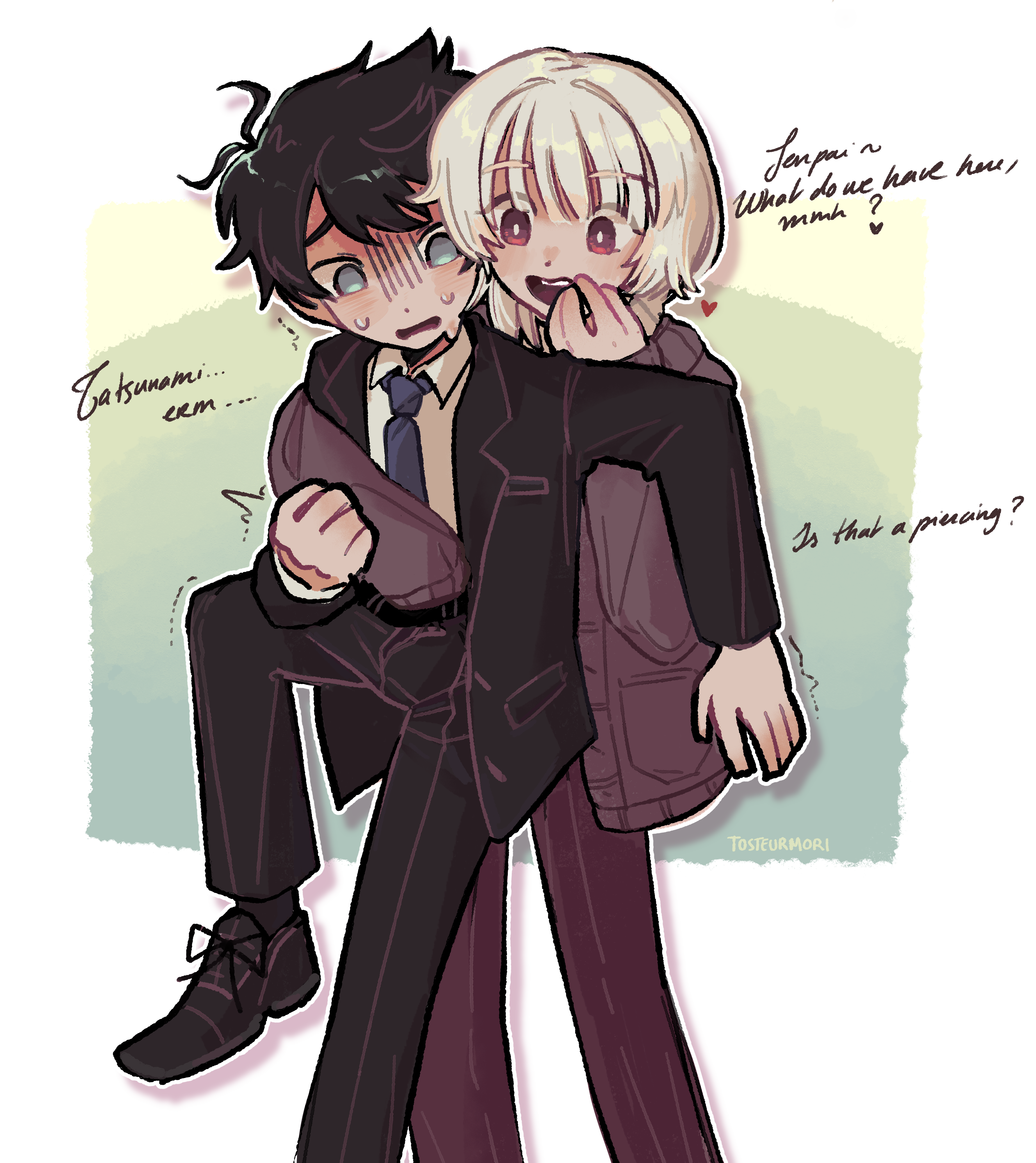 akinashi haru, tatsunami shion, saihate eki, absurdres, commentary, english commentary, highres, 2boys, belt, black hair, black jacket, black pants, black shoes, black socks, blonde hair, blue eyes, blue necktie, border, bright pupils, brown cardigan, cardigan, character name, collared shirt, dress pants, english text, gloom (expression), green background, groping, hand in another's pants, jacket, leg up, long sleeves, looking at another, looking down, male focus, medium hair, motion lines, multiple boys, necktie, open clothes, open jacket, open mouth, outline, outside border, pants, peanut mouth, red eyes, red pants, shadow, shirt, shoes, short hair, signature, simple background, socks, suit jacket, sweat, teeth, tosteurmori, upper teeth only, white border, white outline, white pupils, white shirt, yaoi, yellow background