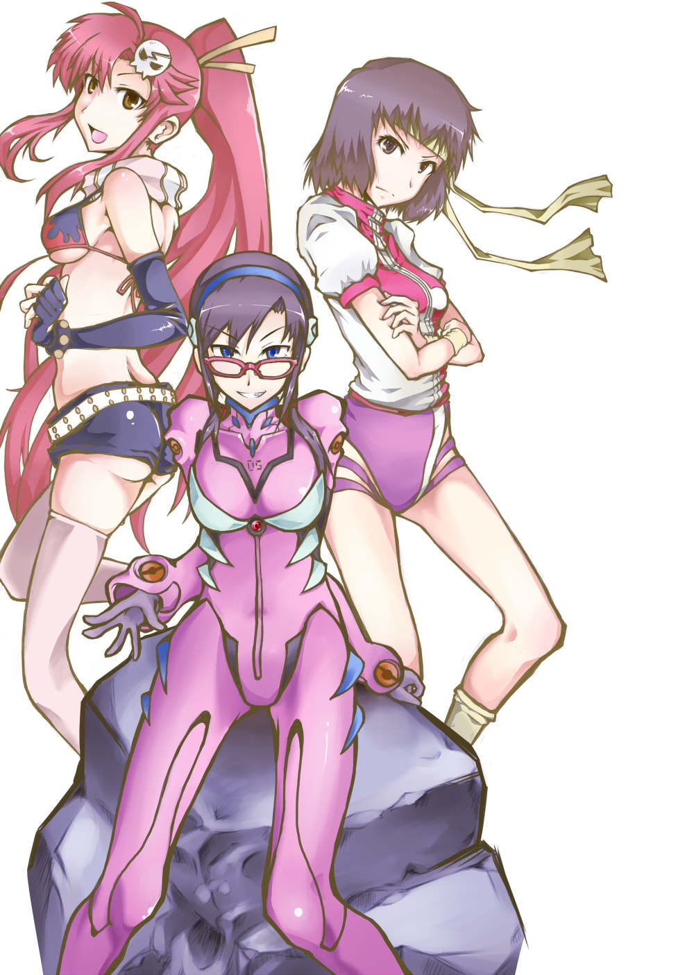 kagami uekusa, makinami mari illustrious, takaya noriko, yoko littner, evangelion: 2.0 you can (not) advance, gainax, neon genesis evangelion, rebuild of evangelion, tengen toppa gurren lagann, top wo nerae!, top wo nerae! (series), highres, 00s, 3girls, bikini, bikini top only, company connection, glasses, headband, leotard, mecha pilot suit, multiple girls, plugsuit (evangelion), sweatband, swimsuit, thighhighs, transparent background