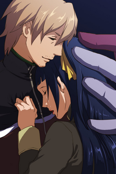 null (chronix), benikawa ishuu, raigyo, bounen no xam'd, pixiv sample, resized, 00s, beard, blonde hair, blue hair, facial hair, glasses, green eyes, hair ribbon, head on chest, ponytail, ribbon, tears