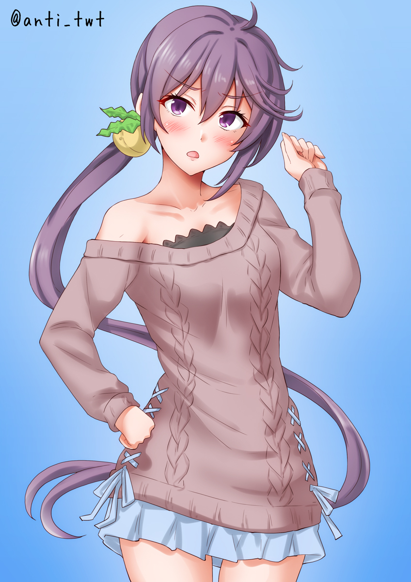 anti (untea9), akebono (kancolle), akebono kai ni (setsubun) (kancolle), kantai collection, commentary request, highres, 1girl, bell, black thighhighs, blue background, breasts, brown sweater, collarbone, dress, gradient background, hair bell, hair ornament, jingle bell, long hair, looking at viewer, purple eyes, purple hair, side ponytail, solo, sweater, sweater dress, thighhighs, very long hair