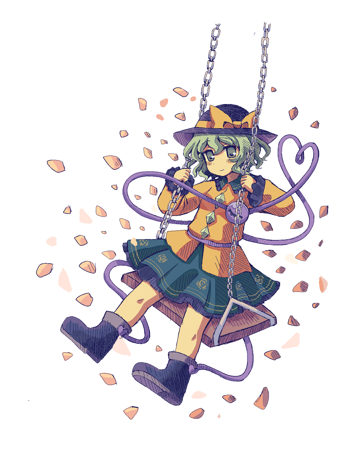 silverrain, komeiji koishi, touhou, commentary, hashtag-only commentary, highres, 1girl, black boots, black hat, boots, bow, breasts, buttons, chain, collared shirt, diamond button, eyeball, floral print, frilled shirt collar, frilled skirt, frilled sleeves, frills, full body, green eyes, green hair, green skirt, hat, hat bow, heart, heart of string, long sleeves, looking at viewer, on swing, print skirt, rose print, shirt, simple background, skirt, small breasts, solo, swing, third eye, white background, yellow bow, yellow shirt