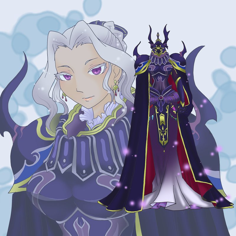hiruandon, golbez, final fantasy, final fantasy iv, gender request, 1990s (style), 1girl, armor, breasts, cape, dress, earrings, female focus, genderswap, grey hair, helmet, jewelry, purple eyes, short hair, shoulder pads, solo