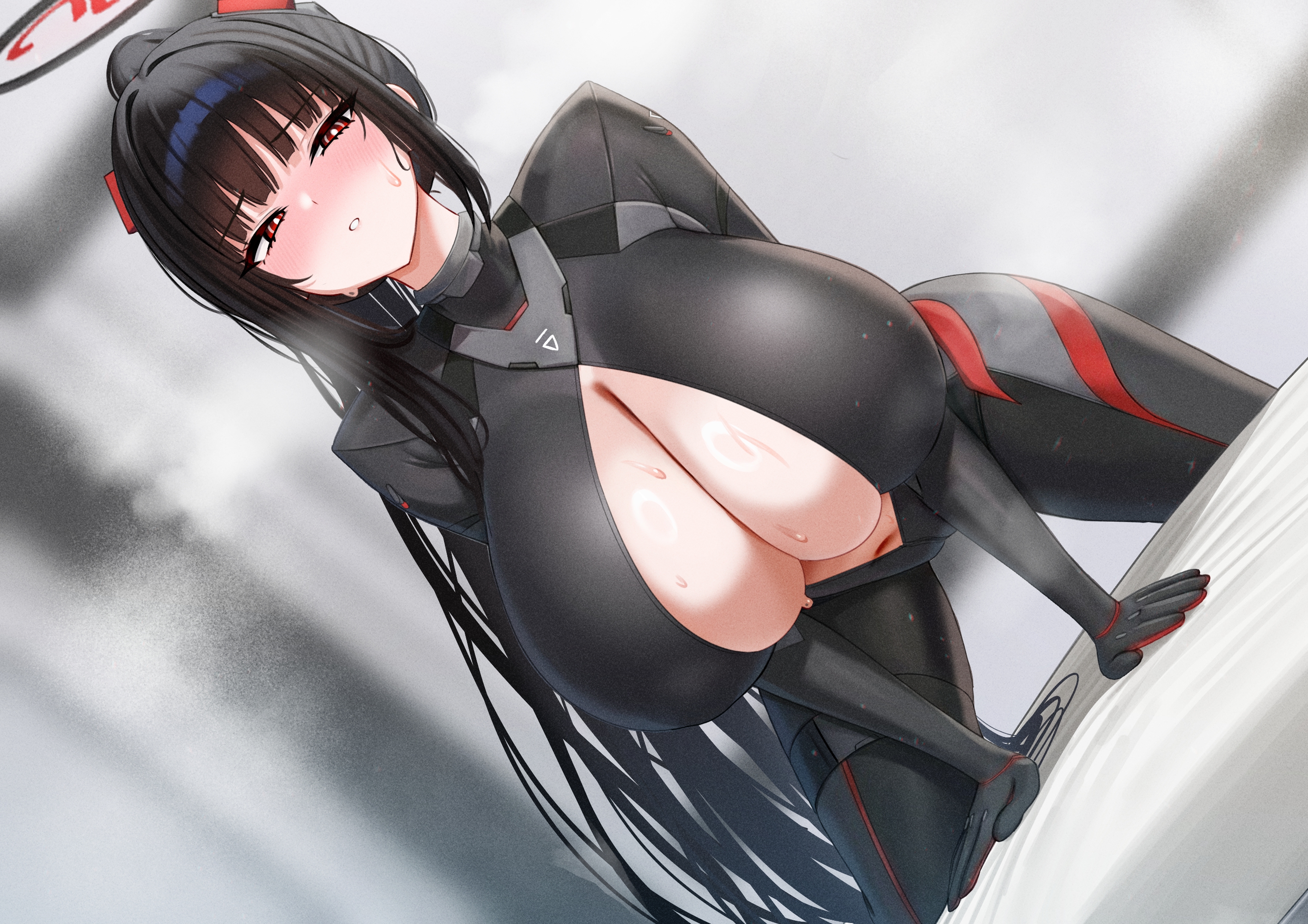 mizikayo, rio (armed) (blue archive), rio (blue archive), blue archive, commentary, highres, paid reward available, symbol-only commentary, 1girl, alternate breast size (larger), black bodysuit, black hair, black halo, blush, bodysuit, breasts, bright pupils, cleavage, covered navel, embarrassed, halo, huge breasts, impossible bodysuit, impossible clothes, latex, long hair, looking at viewer, multicolored halo, official alternate costume, official alternate hairstyle, open bodysuit, open clothes, partially unzipped, ponytail, red eyes, ringed eyes, skin tight, solo, stomach, two-tone halo, very long hair, white pupils