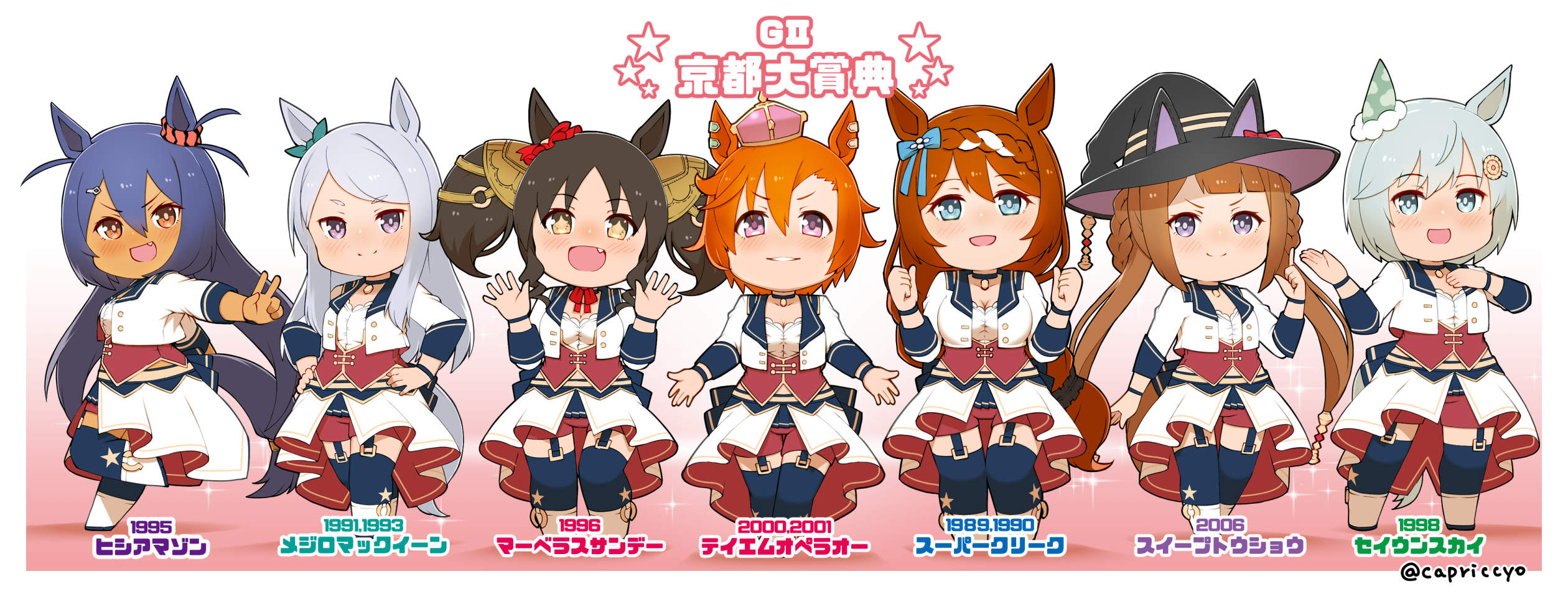 capriccyo, hishi amazon (umamusume), marvelous sunday (umamusume), mejiro mcqueen (umamusume), seiun sky (umamusume), super creek (umamusume), sweep tosho (umamusume), t.m. opera o (umamusume), umamusume, commentary request, highres, translation request, + +, 6+girls, :d, animal ears, animal hat, black hair, black hat, blue eyes, blue hair, blue thighhighs, blush, boots, braid, breasts, brown eyes, chibi, cleavage, closed mouth, cropped jacket, crown, fake animal ears, fang, flower, garter straps, gradient background, grey hair, hair between eyes, hair flower, hair ornament, hair rings, hairclip, hat, horse ears, horse girl, horse tail, jacket, large breasts, long hair, medium breasts, mini crown, multiple girls, open mouth, orange eyes, orange hair, pink background, purple eyes, red shorts, shorts, smile, starting future (umamusume), tail, thighhighs, thighhighs under boots, twintails, twitter username, two side up, v-shaped eyebrows, very long hair, white background, white boots, white jacket, witch hat, yellow flower