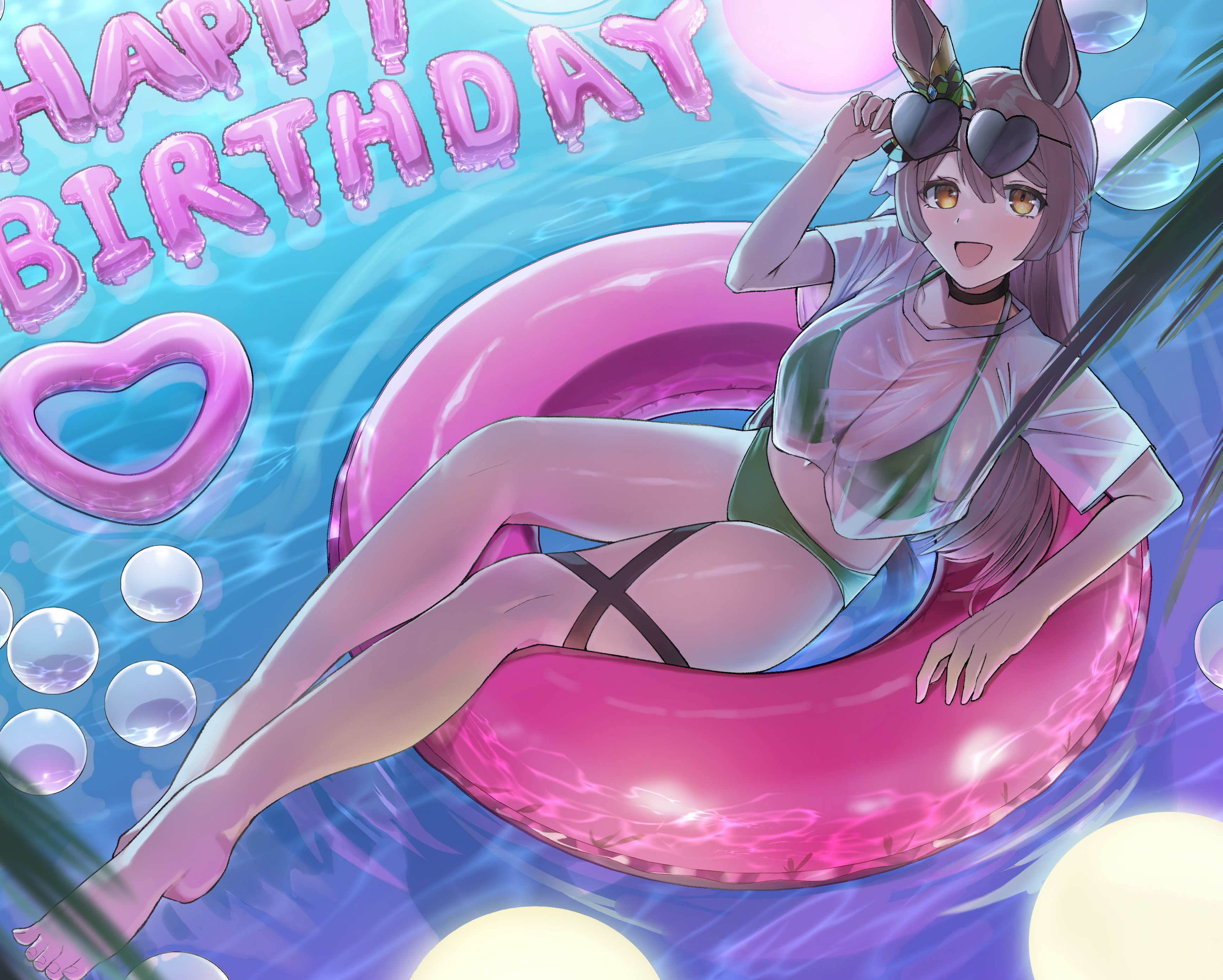 amepa (ame pinecandy), satono diamond (umamusume), umamusume, absurdres, commentary request, highres, 1girl, animal ears, balloon, barefoot, bikini, bikini under clothes, black-framed eyewear, blush, breasts, brown hair, ear ornament, green bikini, happy birthday, heart, heart-shaped eyewear, heart balloon, horse ears, horse girl, horse tail, large breasts, legs, looking at viewer, multicolored hair, on innertube, open mouth, see-through cleavage, see-through clothes, see-through shirt, shirt, short sleeves, smile, solo, streaked hair, sunglasses, swimsuit, tail, thigh strap, wet, wet clothes, wet shirt, white shirt, white streaks