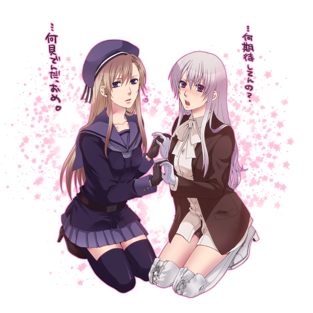 hitori (edge), iceland (hetalia), norway (hetalia), axis powers hetalia, bad id, bad pixiv id, 2girls, black thighhighs, blonde hair, blue eyes, blush, boots, coat, cross, genderswap, genderswap (mtf), gloves, grey hair, hair ornament, hat, high heels, lace-up boots, long hair, multiple girls, pleated skirt, purple eyes, sailor, shoes, shorts, skirt, thighhighs, zettai ryouiki