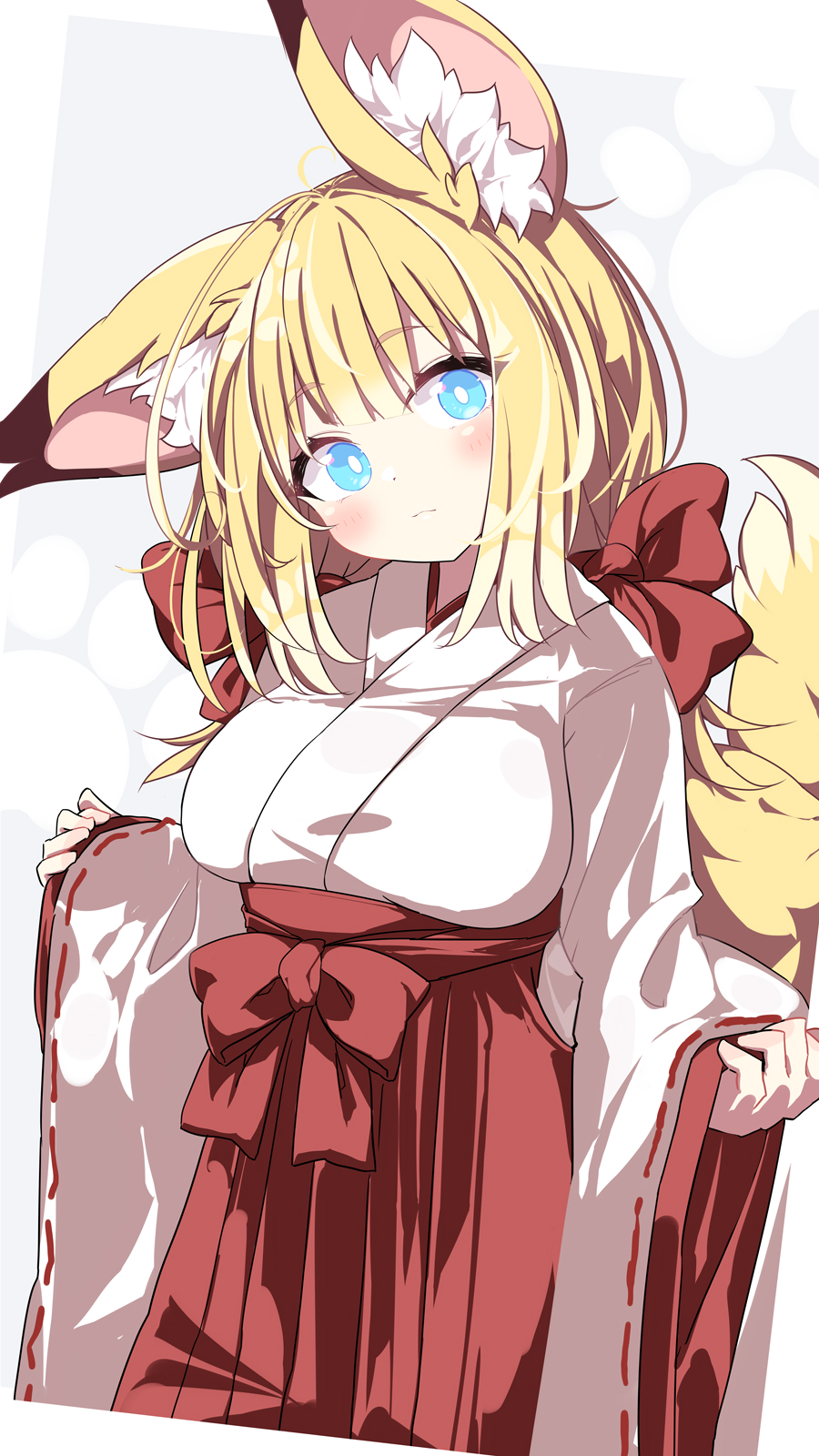 daidai ookami, original, commentary request, highres, 1girl, animal ear fluff, animal ears, blonde hair, blue eyes, blush, bow, breasts, closed mouth, fox ears, fox girl, fox tail, hair bow, hakama, hakama skirt, head tilt, japanese clothes, kimono, large breasts, long hair, long sleeves, looking at viewer, pinching sleeves, red bow, red hakama, skirt, sleeves past wrists, solo, tail, white kimono, wide sleeves