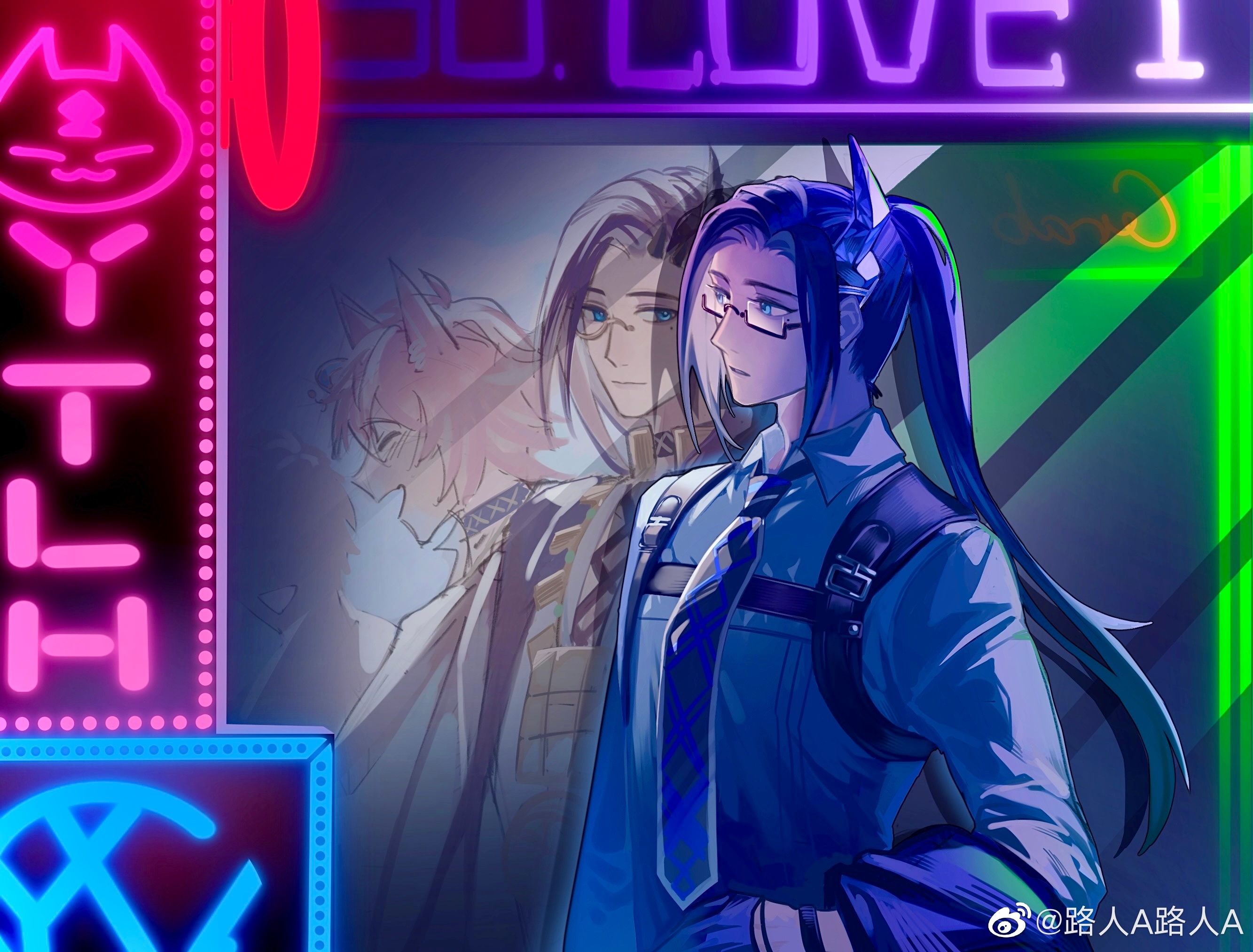 crabwzzzz, clarence clayden, clarence clayden (deimortem era), clarence clayden (spirit world), lovebrush chronicles, chinese commentary, commentary, highres, 3boys, :d, ^ ^, animal ears, black cape, black choker, black gloves, black horns, black necktie, blue eyes, blue hair, cape, chest harness, choker, closed eyes, closed mouth, collared shirt, curtained hair, different reflection, dragon horns, dual persona, frey (lovebrush chronicles), glasses, gloves, grey shirt, hair between eyes, harness, holding, holding jacket, holding unworn clothes, holding unworn jacket, horns, horse boy, horse ears, jacket, long hair, long sleeves, looking at reflection, male focus, mole, mole under eye, monocle, multiple boys, necktie, neon lights, neon sign, open mouth, parted bangs, parted lips, pink hair, ponytail, reflection, robe, shirt, short hair, sideways glance, single horn, smile, unworn jacket, upper body, watermark, weibo watermark, white robe, william (lovebrush chronicles), window