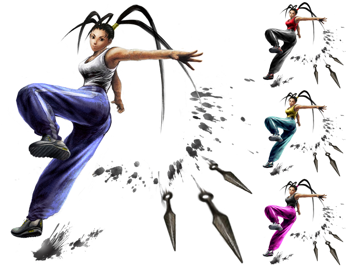 kaiwai, ibuki (street fighter), capcom, street fighter, street fighter iii (series), street fighter iv (series), 1girl, alternate costume, casual, kunai, long hair, pants, ponytail, shoes, sneakers, sweatpants, weapon